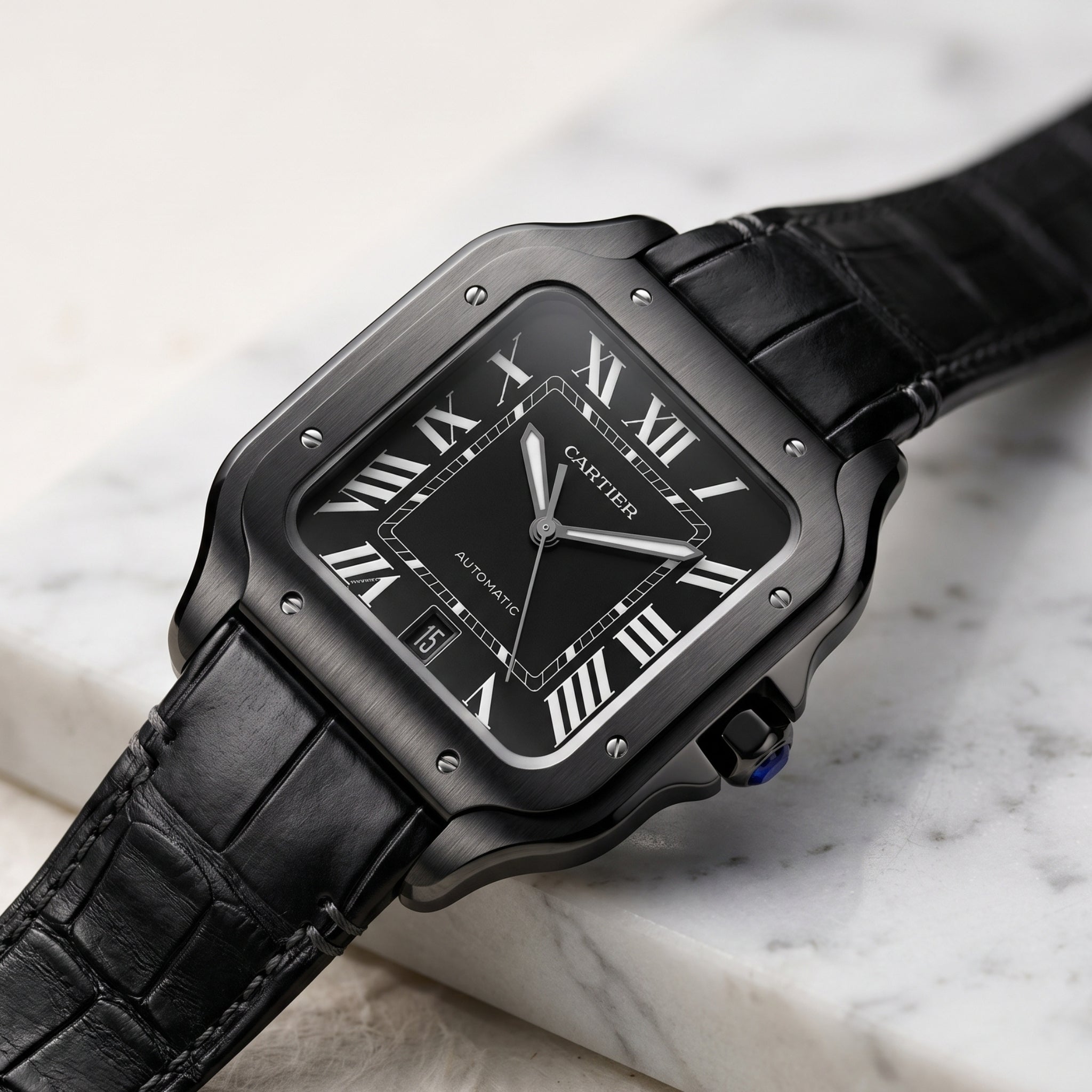 Leder Armband für Cartier Santos Medium/Large – Schwarz – Quick Switch/Release