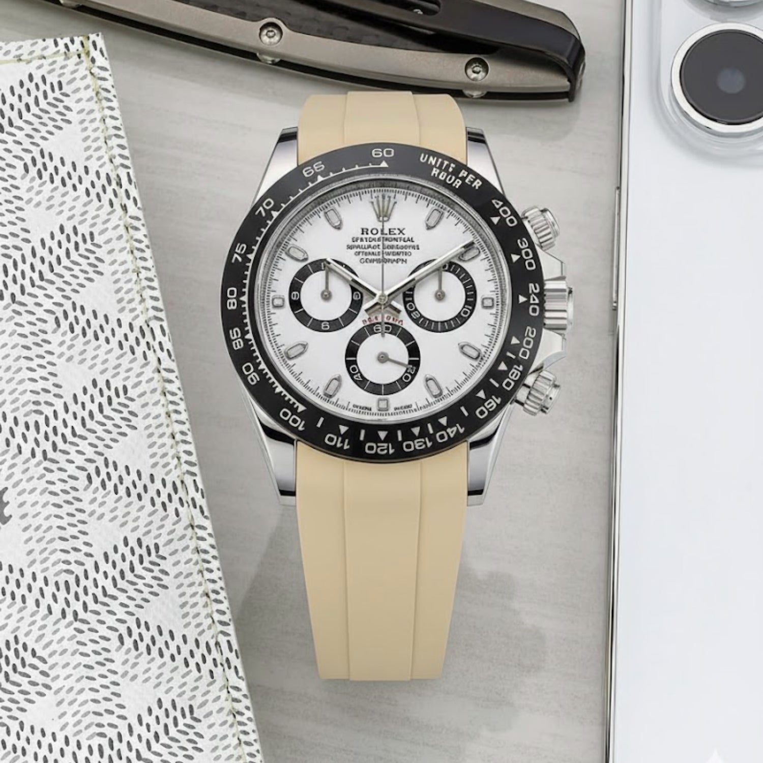 Faltschliesse Kautschukarmband für Rolex Daytona – Beige - Helvetus DE