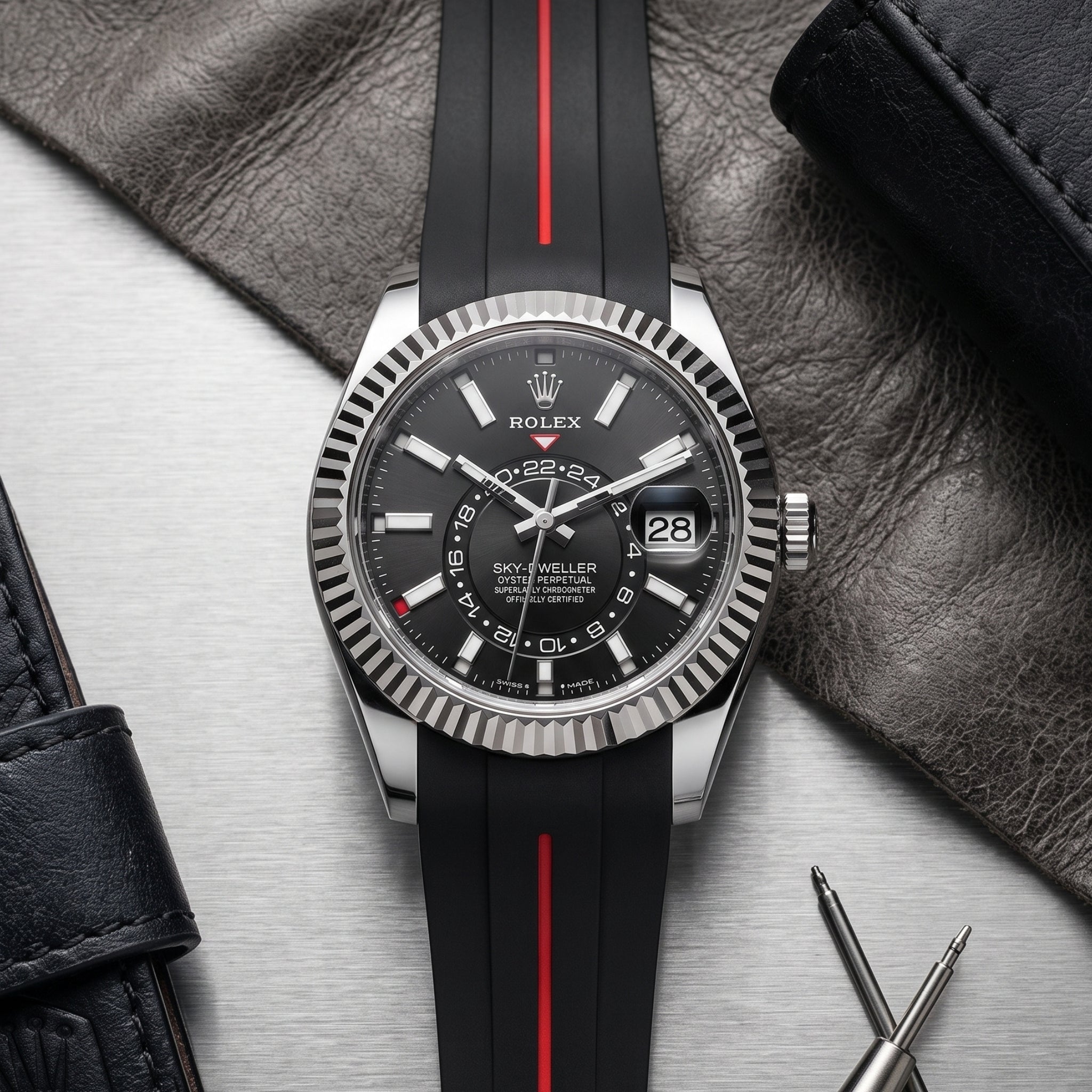 Faltschliessen Kautschukarmband für Rolex Sky-Dweller – Schwarz/Rot Linie | LuxLine® - Helvetus