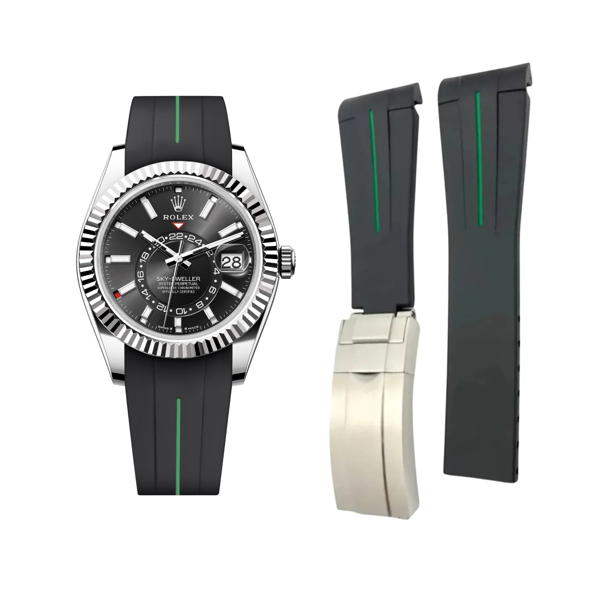 Faltschliessen Kautschukarmband für Rolex Sky - Dweller – Schwarz/Grün Linie | LuxLine® - Helvetus DE