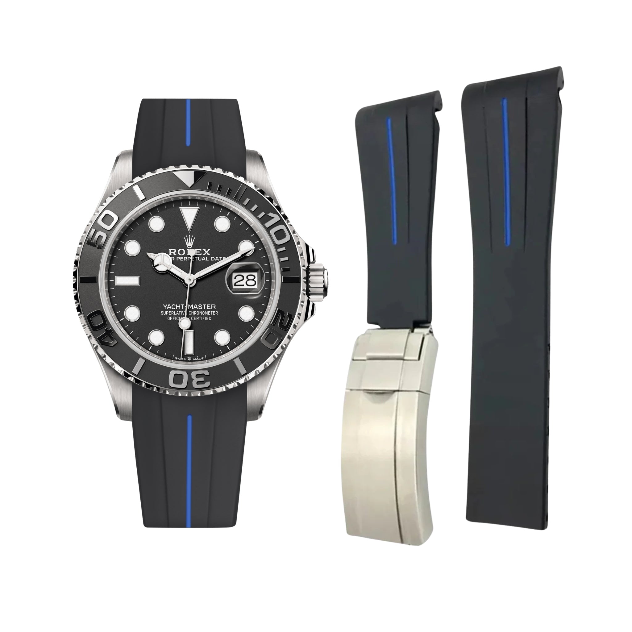 Faltschliessen Kautschukarmband für Rolex Yacht - Master 40mm/42mm – Schwarz/Blau Linie | LuxLine® - Helvetus DE