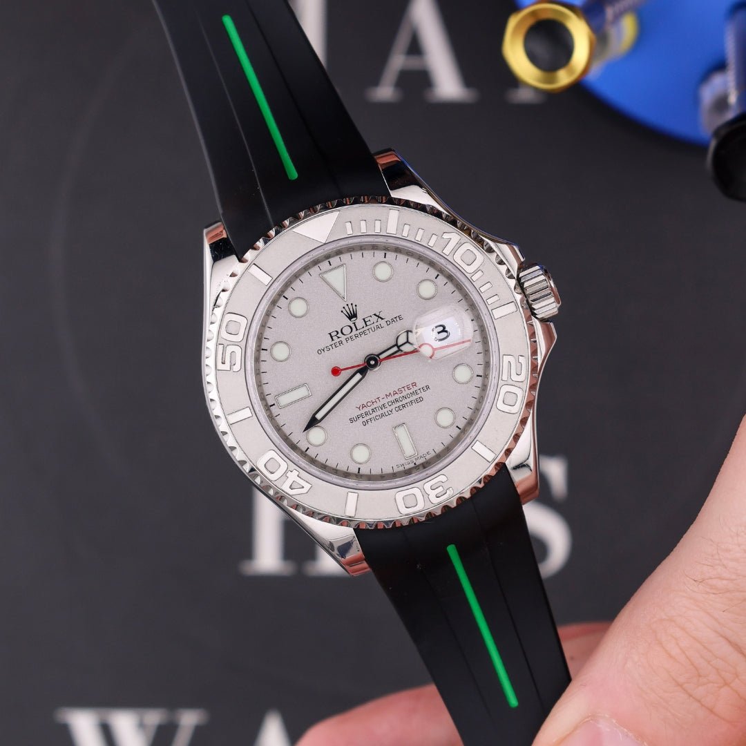 Faltschliessen Kautschukarmband für Rolex Yacht - Master 40mm/42mm – Schwarz/Grün Linie | LuxLine® - Helvetus DE