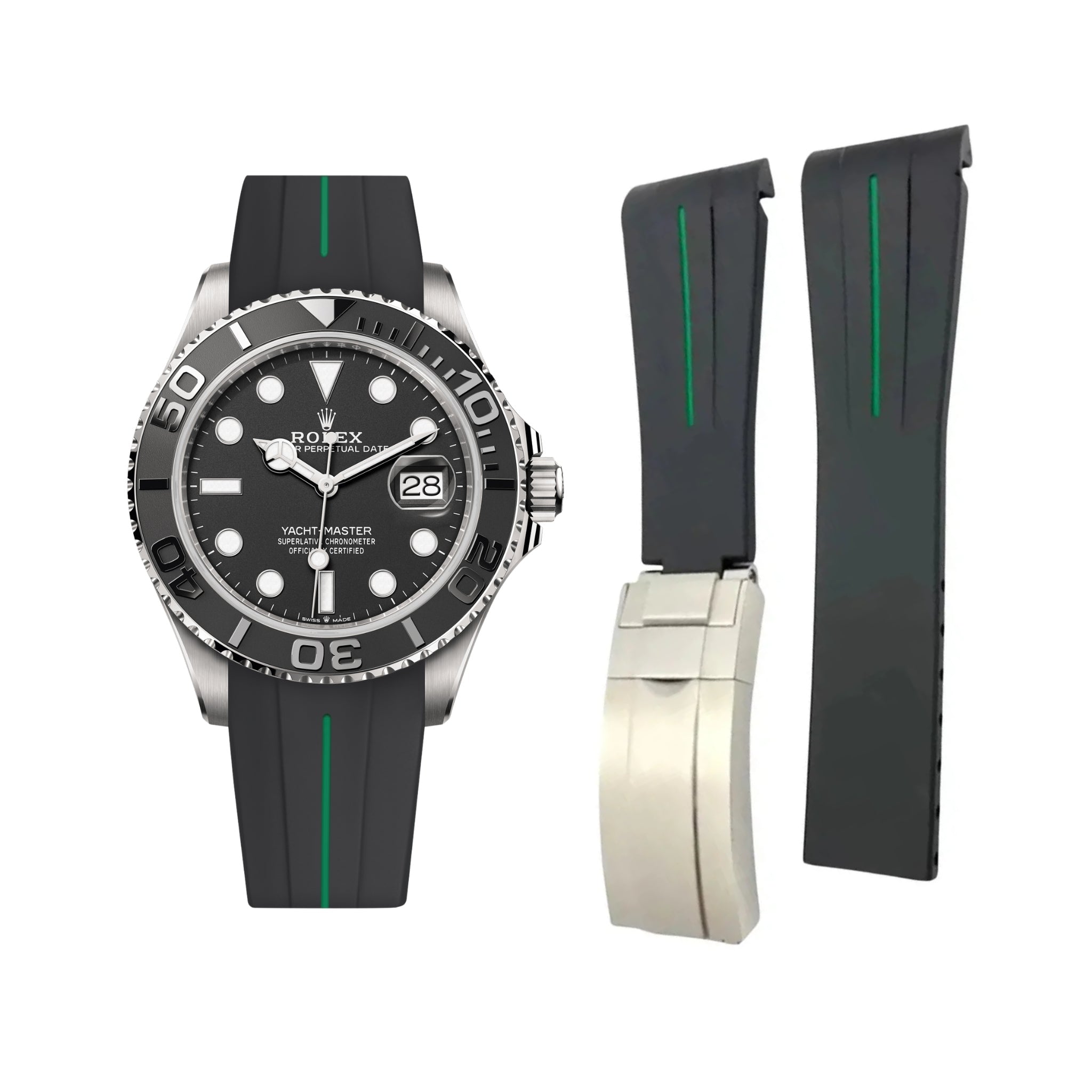 Faltschliessen Kautschukarmband für Rolex Yacht - Master 40mm/42mm – Schwarz/Grün Linie | LuxLine® - Helvetus DE
