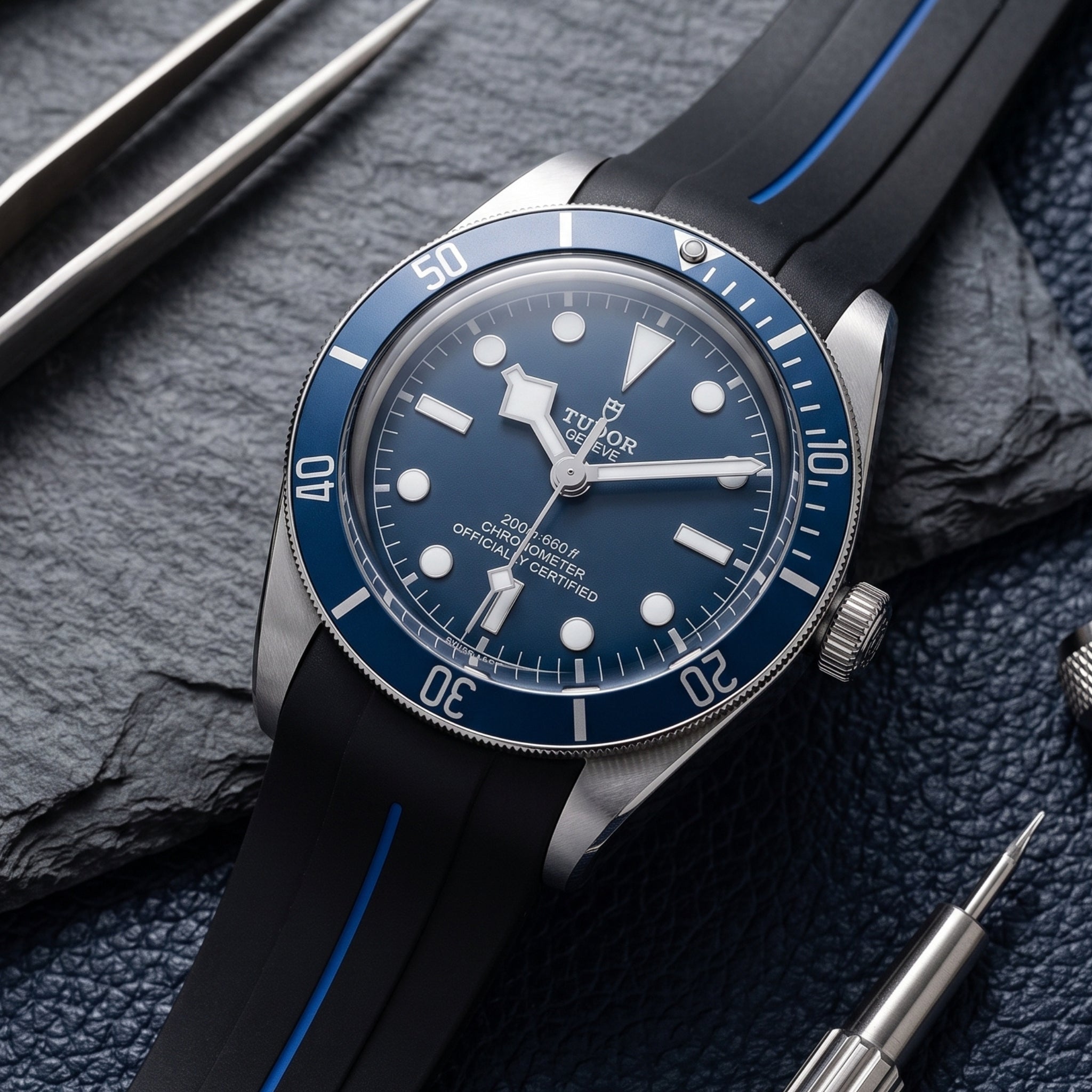 Kautschukarmband - Für alle Tudor Black Bay Modelle - Schwarz mit Blau | LuxLine® - Helvetus