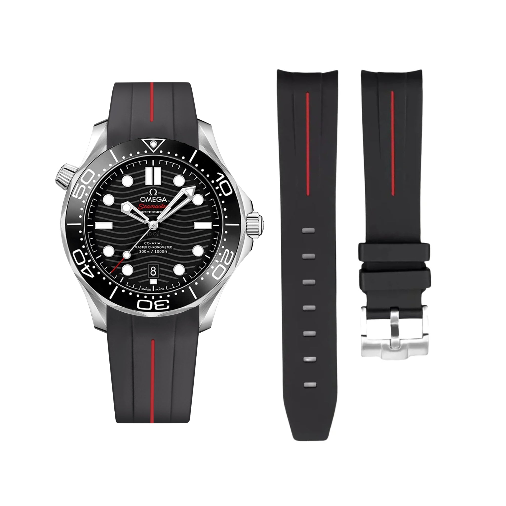 Kautschukarmband – Für Omega Seamaster 300 – LuxLine® - Schwarz/Rot - Helvetus DE