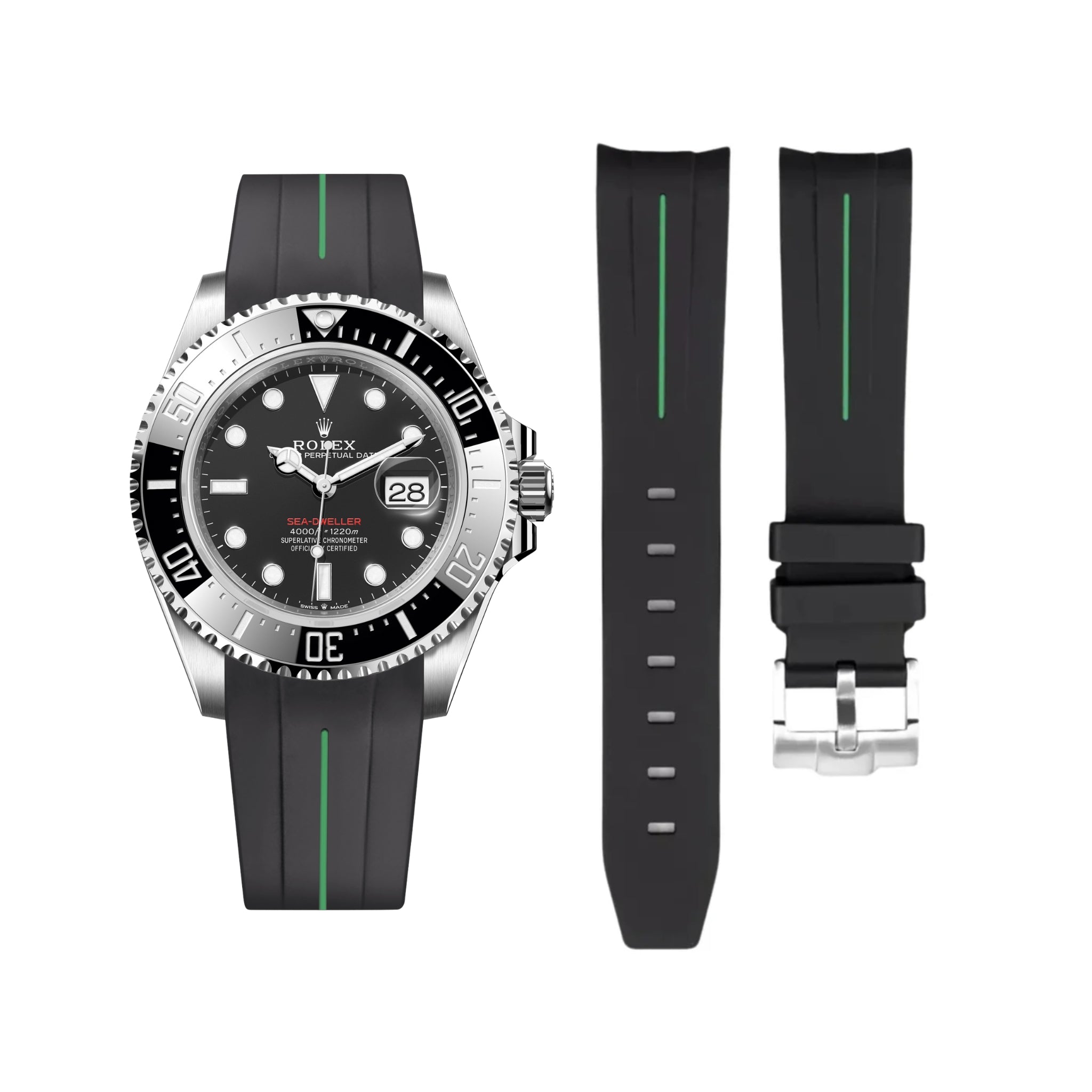Kautschukarmband für Rolex Sea - Dweller – Schwarz/Grün Linie | LuxLine® - Helvetus DE