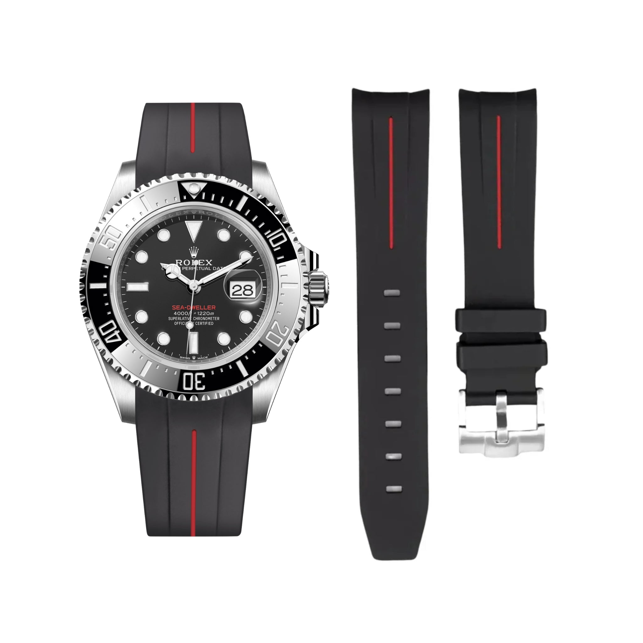 Kautschukarmband für Rolex Sea - Dweller – Schwarz/Rot Linie | LuxLine® - Helvetus DE