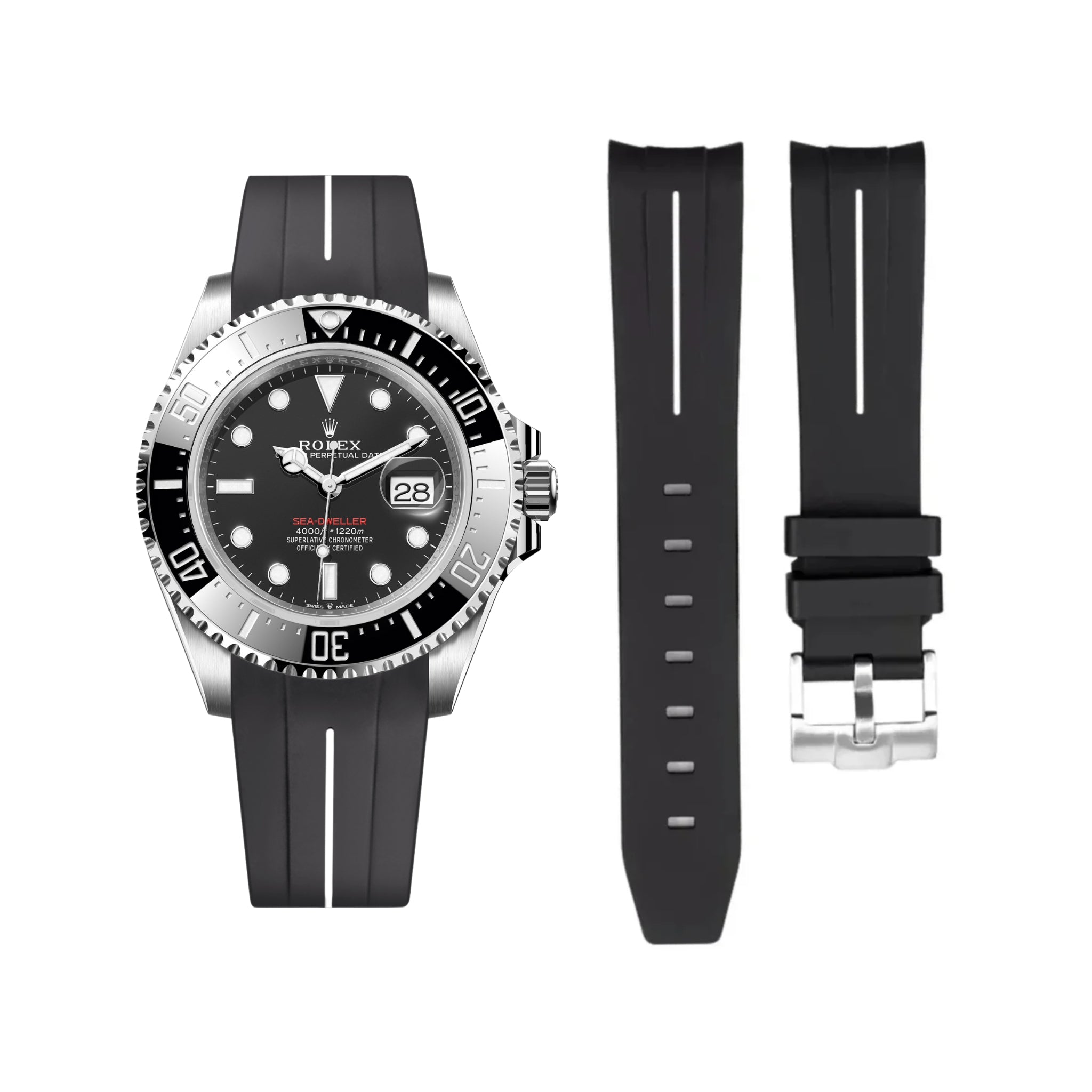 Kautschukarmband für Rolex Sea - Dweller – Schwarz/Weiß Linie | LuxLine® - Helvetus DE