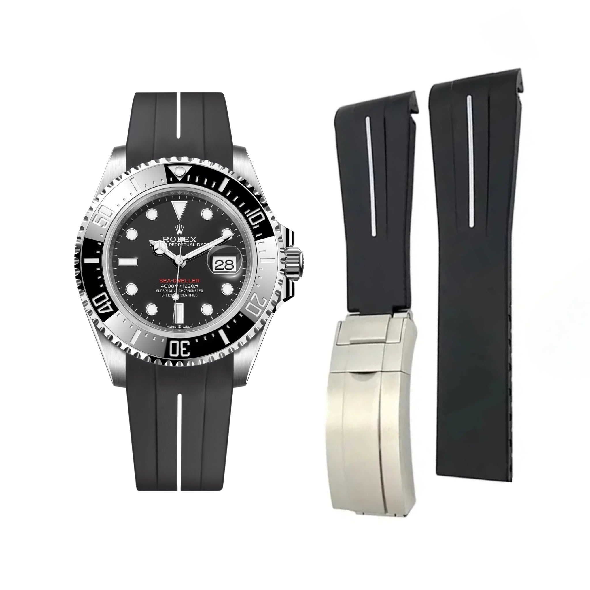 Kautschukarmband für Rolex Sea - Dweller – Schwarz/Weiß Linie | LuxLine® - Helvetus DE