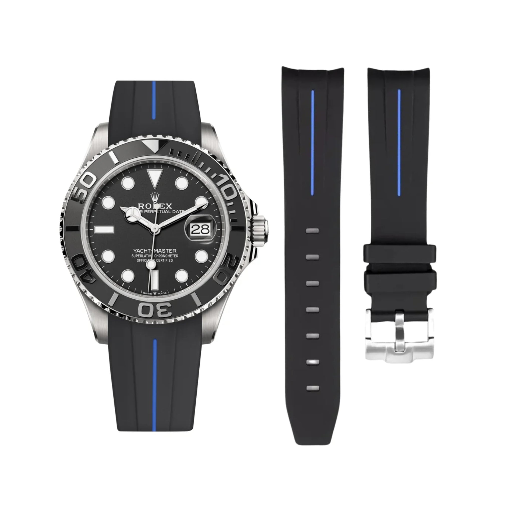 Kautschukarmband für Rolex Yacht - Master 40mm/42mm – Schwarz/Blau Linie | LuxLine® - Helvetus DE