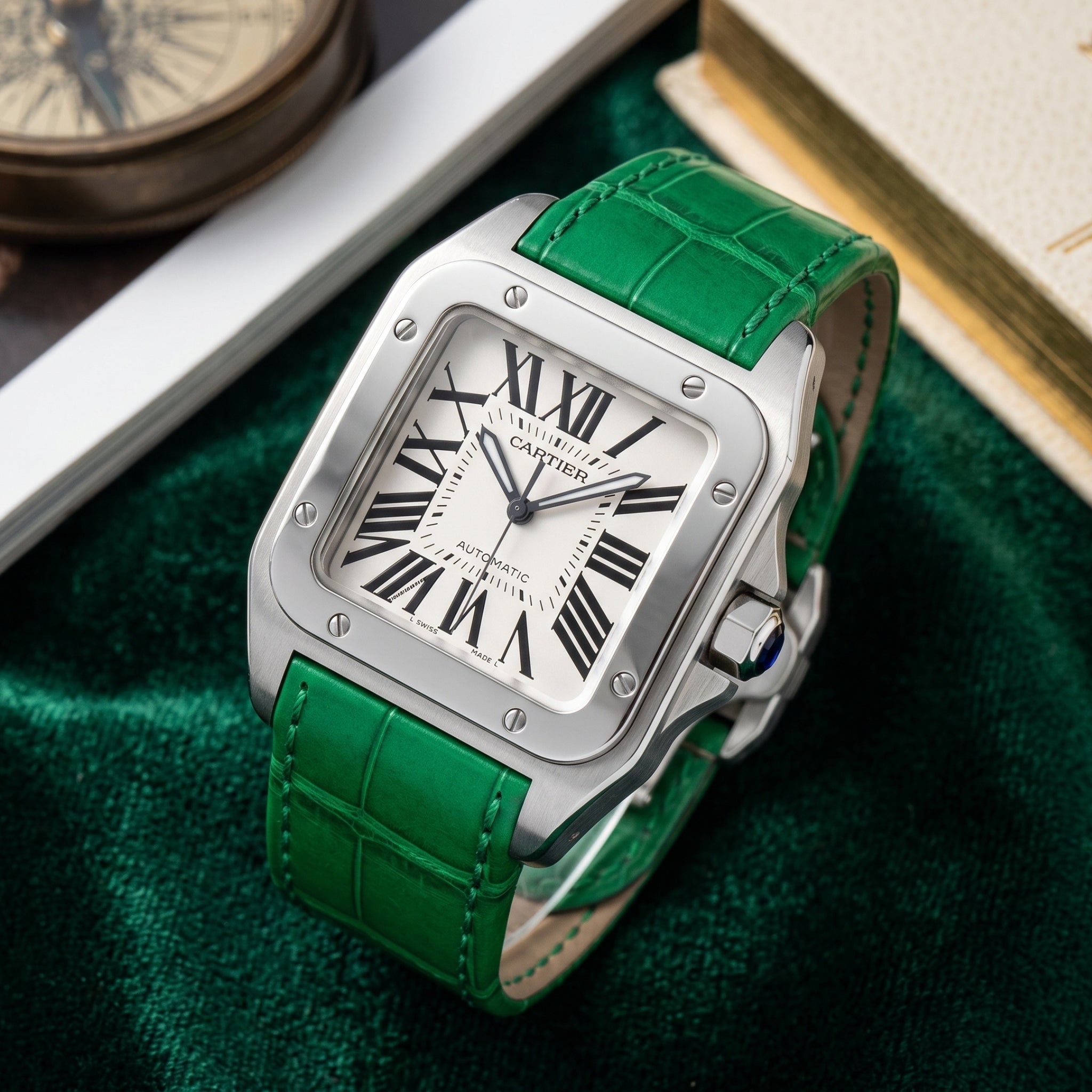 Leder Armband - für Cartier Santos 100 - Grün - Helvetus