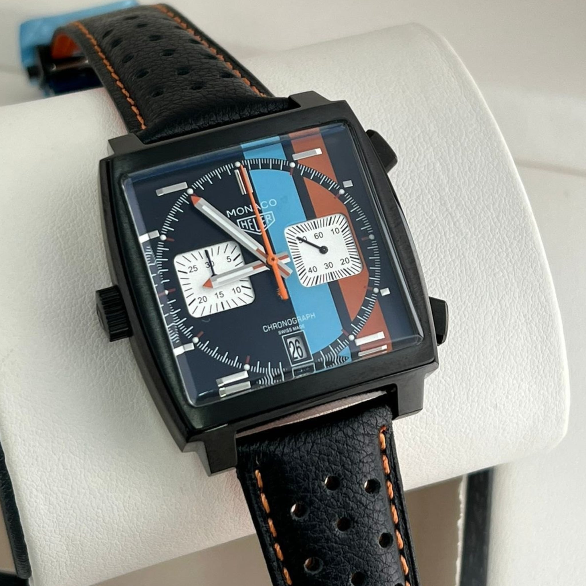 Lederarmband – Für Tag Heuer Monaco – Schwarz/Orange - Helvetus DE