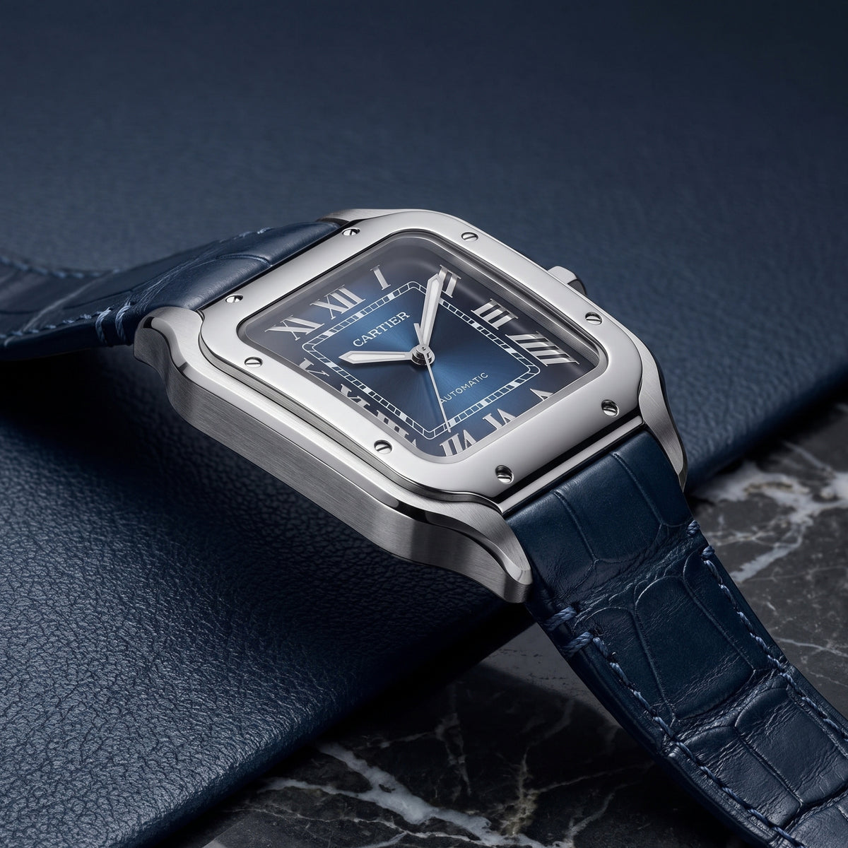 Leder Armband für Cartier Santos Medium/Large – Blau  – Quick Switch/Release