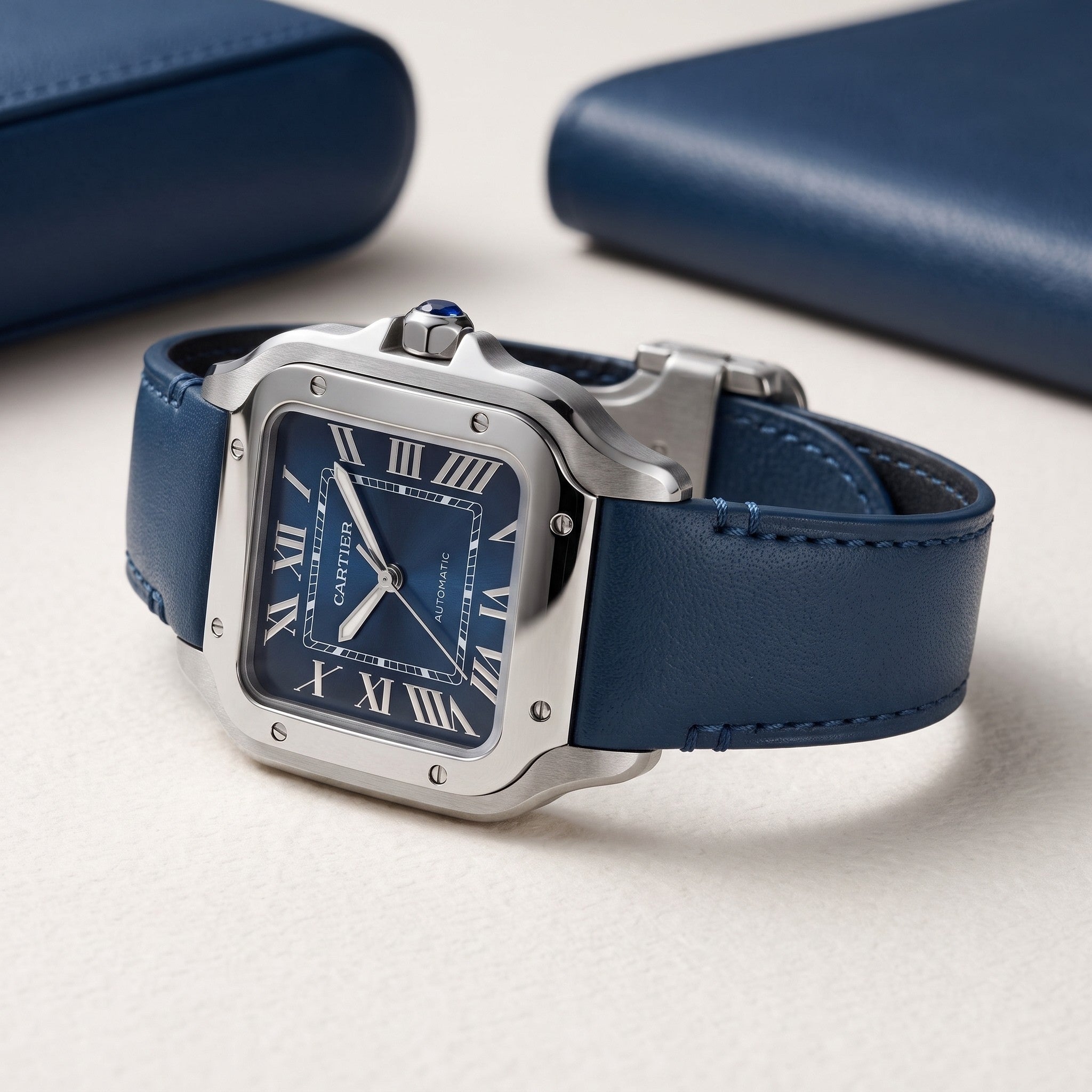 Leder Armband für Cartier Santos Medium/Large – Flach Blau  – Quick Switch/Release
