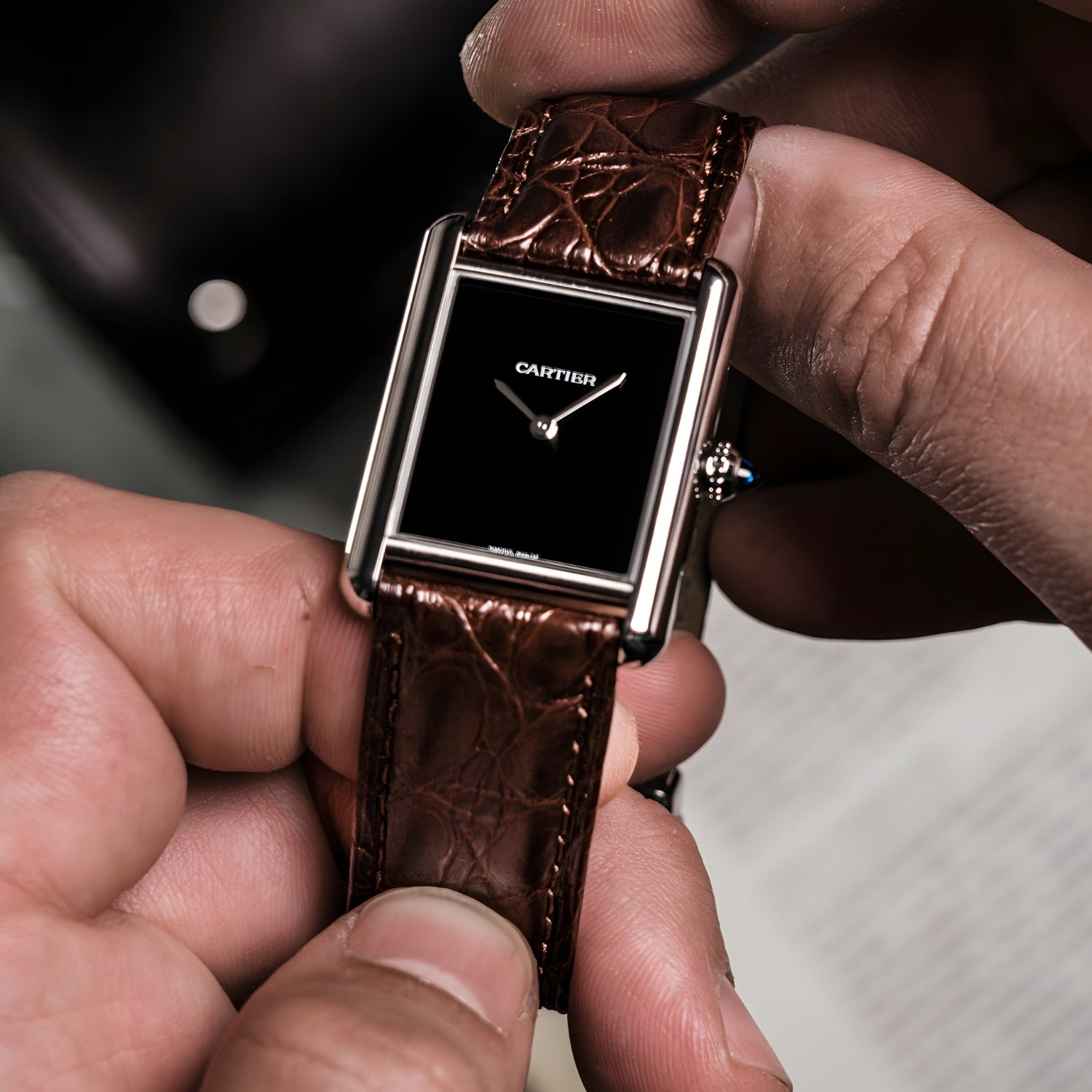 Krokodil Lederarmband für Cartier Tank / Tank Solo / Tank Must – Braun