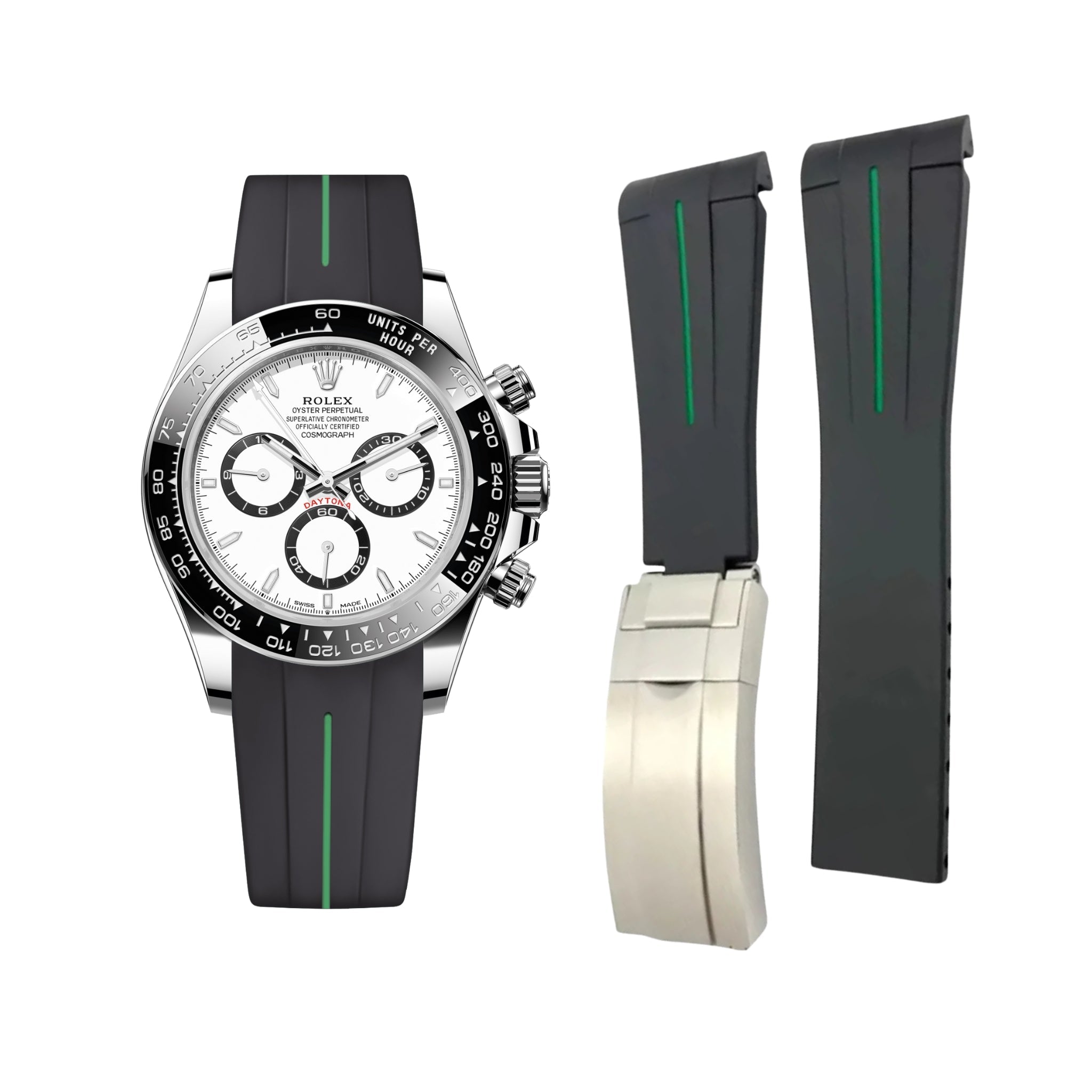 Deployant Rubber Strap - For Rolex Daytona - Black w/Green Line | LuxLine® - Helvetus