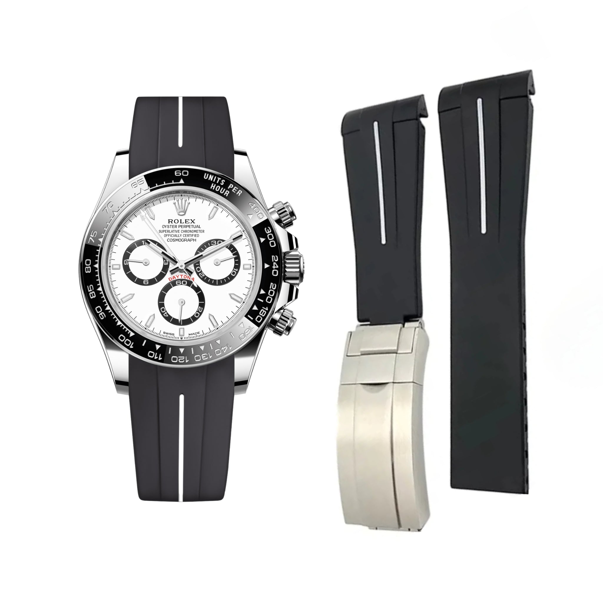 Deployant Rubber Strap - For Rolex Daytona - Black w/White Line | LuxLine® - Helvetus