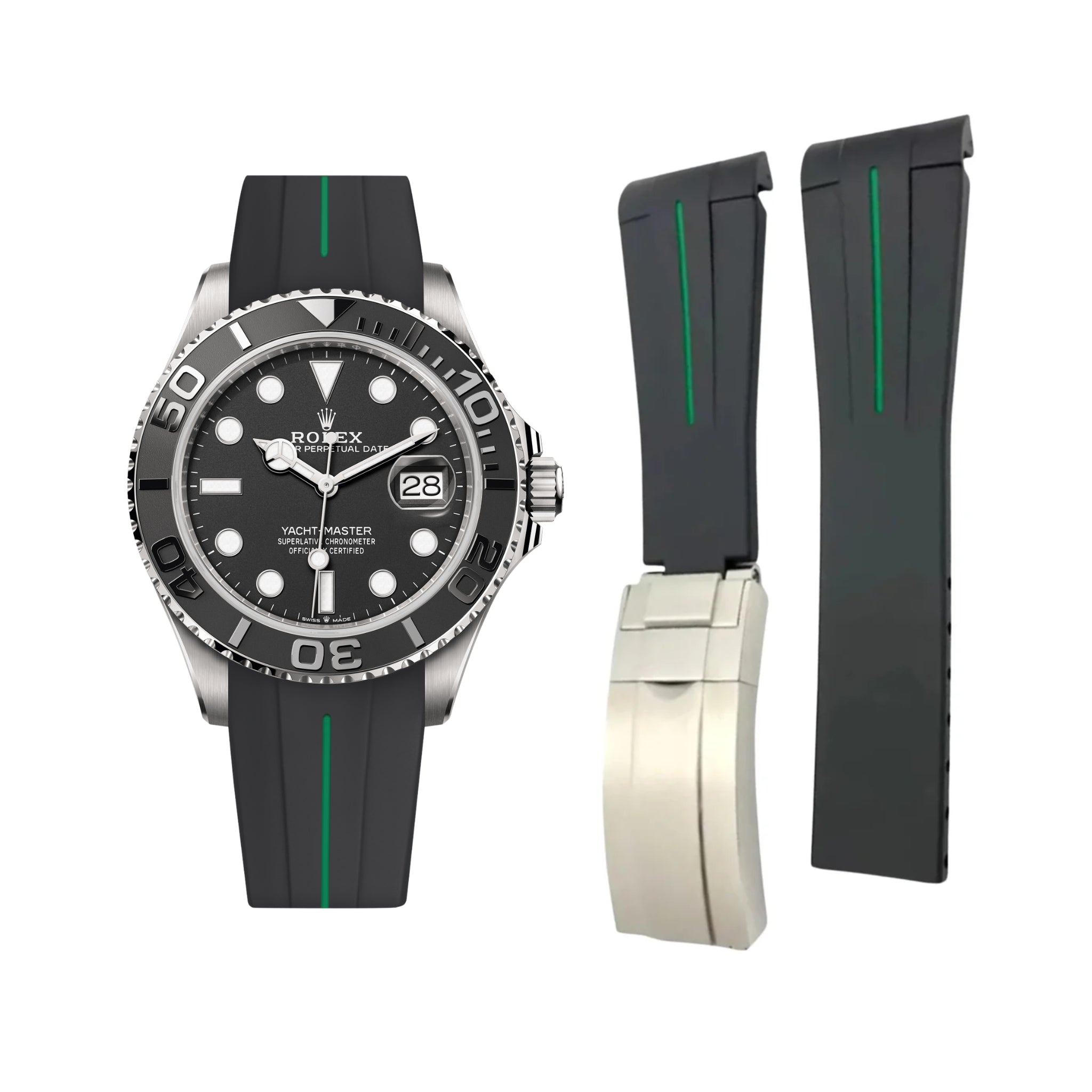 Deployant Rubber Strap - For Rolex Yacht - Master - Black w/Green Line | LuxLine® - Helvetus