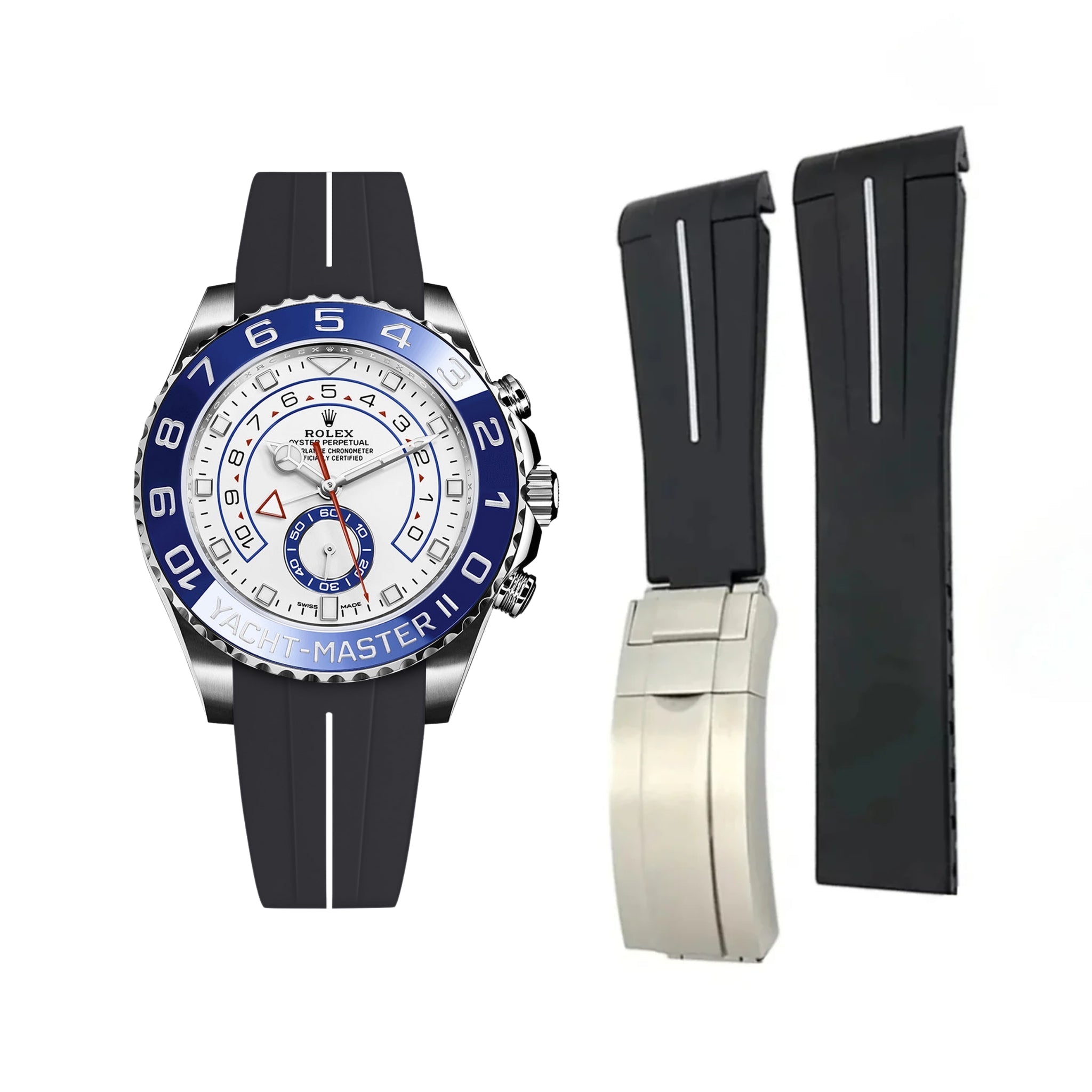 Deployant Rubber Strap - For Rolex Yacht - Master II - Black w/White Line | LuxLine® - Helvetus