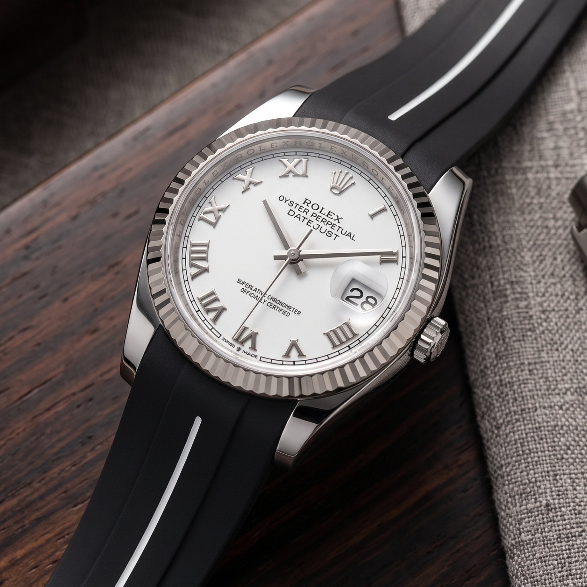 Faltschließe Kautschukarmband für Rolex Datejust 36 – LuxLine® - Schwarz/Weiss - Helvetus