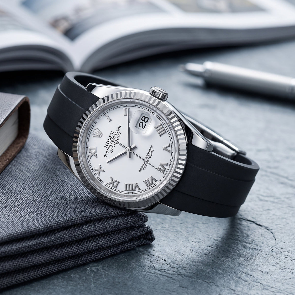 Faltschließe Kautschukarmband für Rolex Datejust 36 – Schwarz - Helvetus
