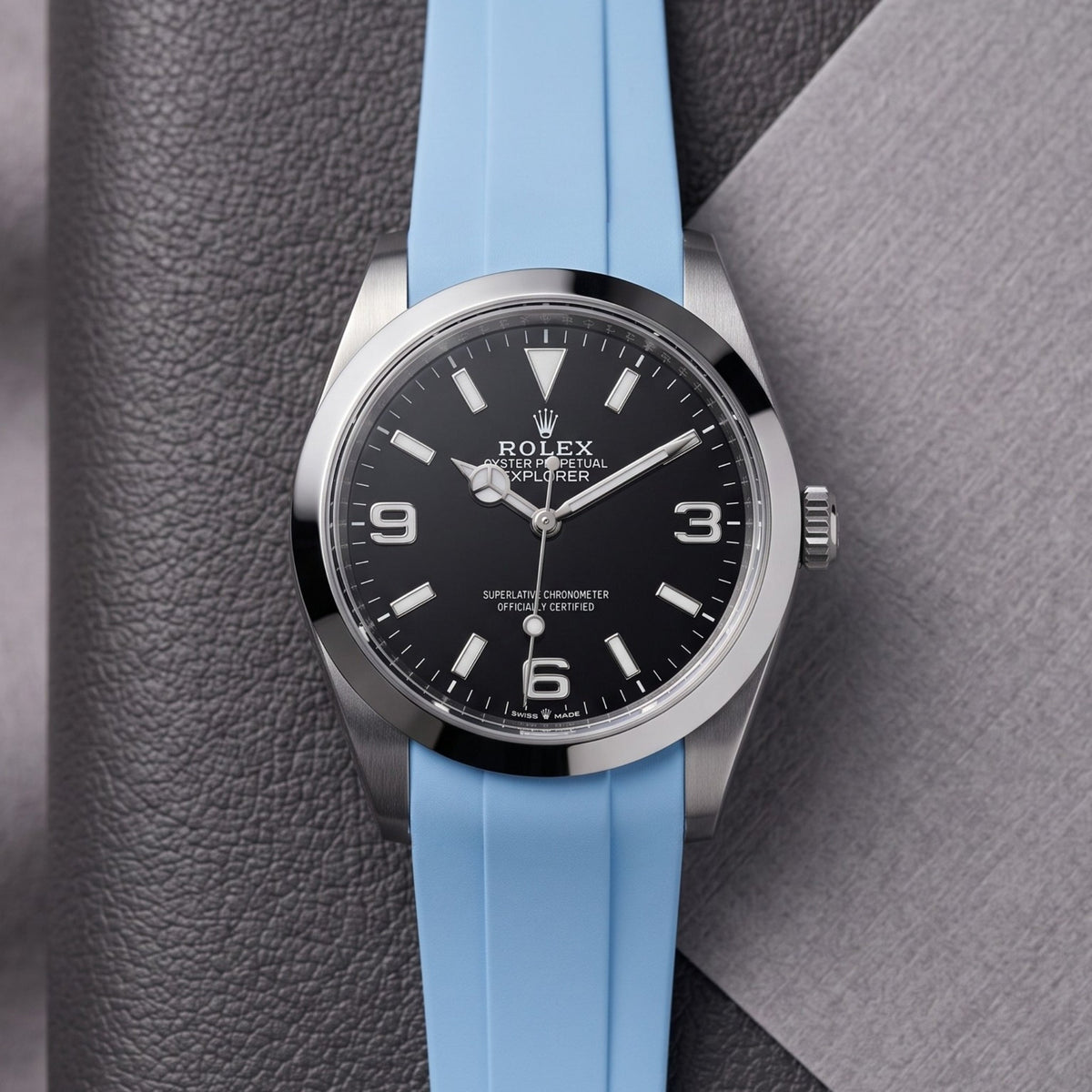 Faltschließe Kautschukarmband für Rolex Explorer I – Baby Blau - Helvetus