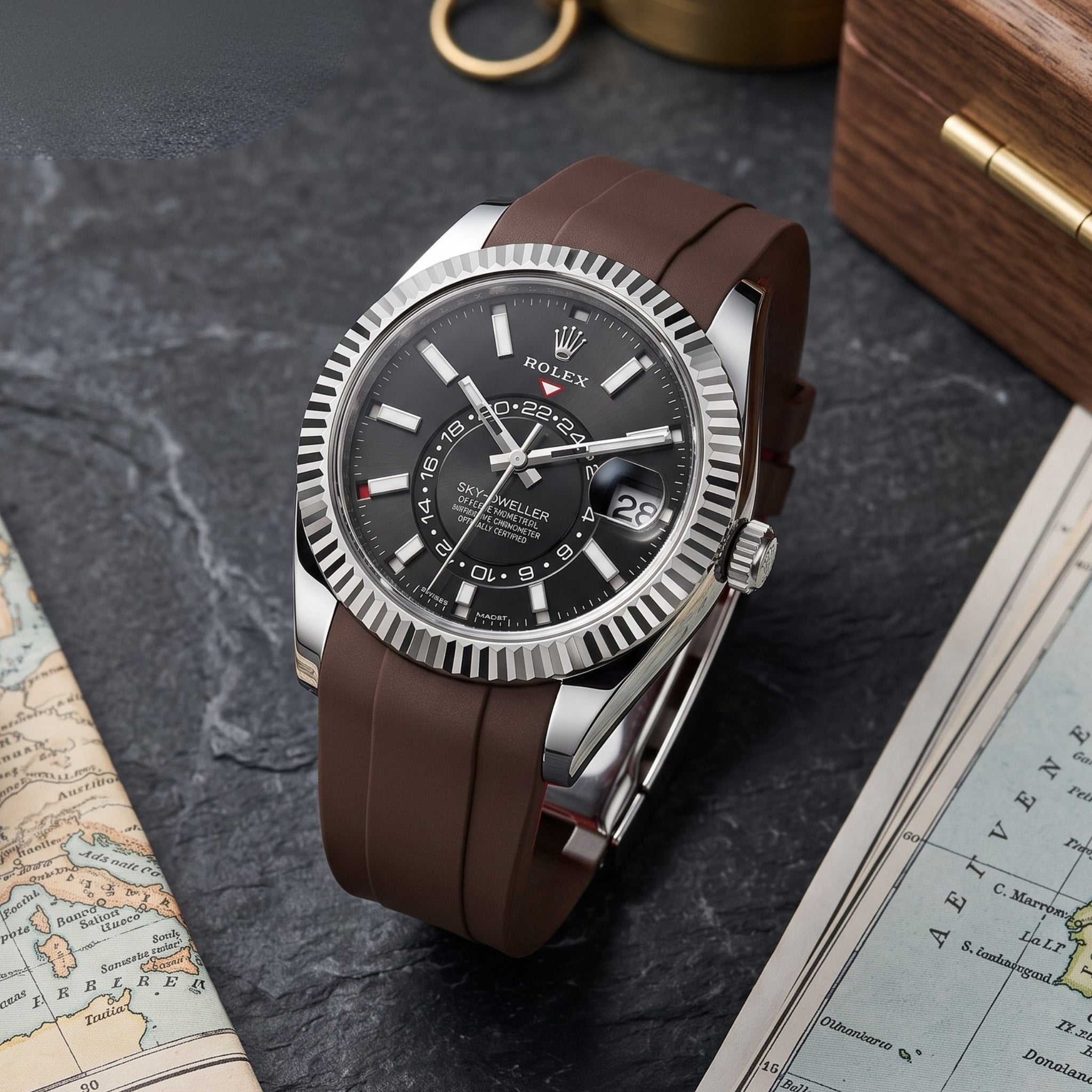 Faltschliesse Kautschukarmband für Rolex Sky-Dweller – Braun - Helvetus