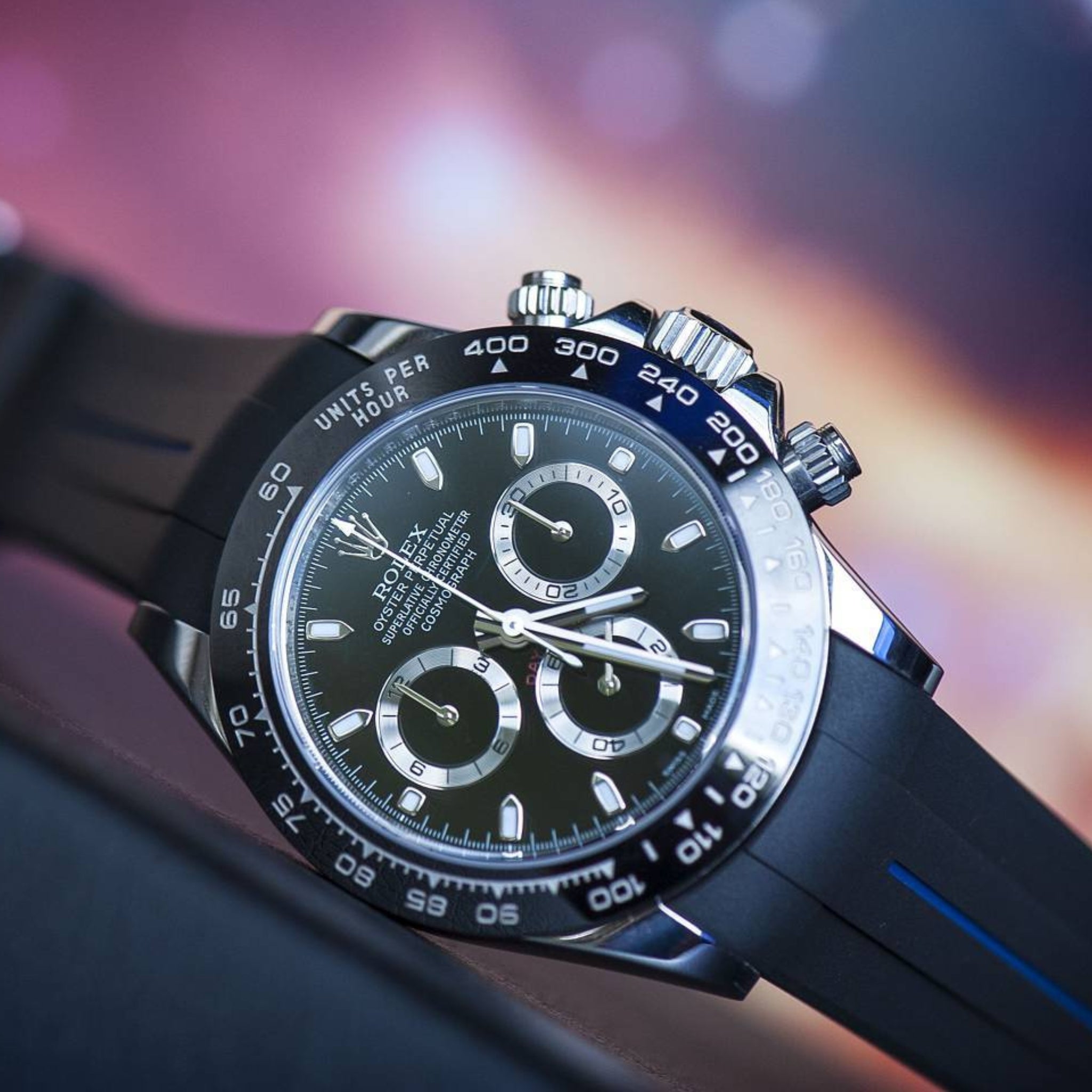 Faltschliesse Kautschukarmband für Rolex Daytona – LuxLine® - Schwarz/Blau - Helvetus DE