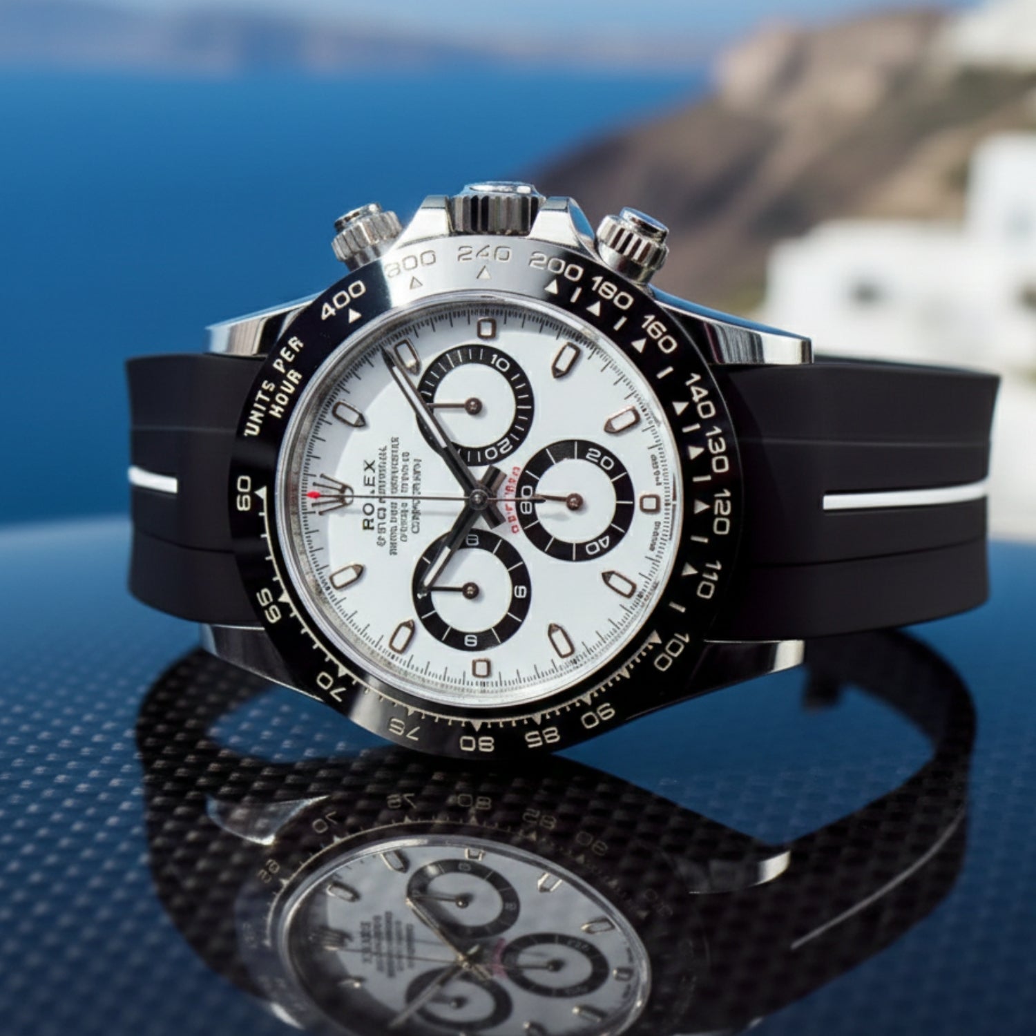 Faltschliesse Kautschukarmband für Rolex Daytona – LuxLine® - Schwarz/Weiss - Helvetus DE