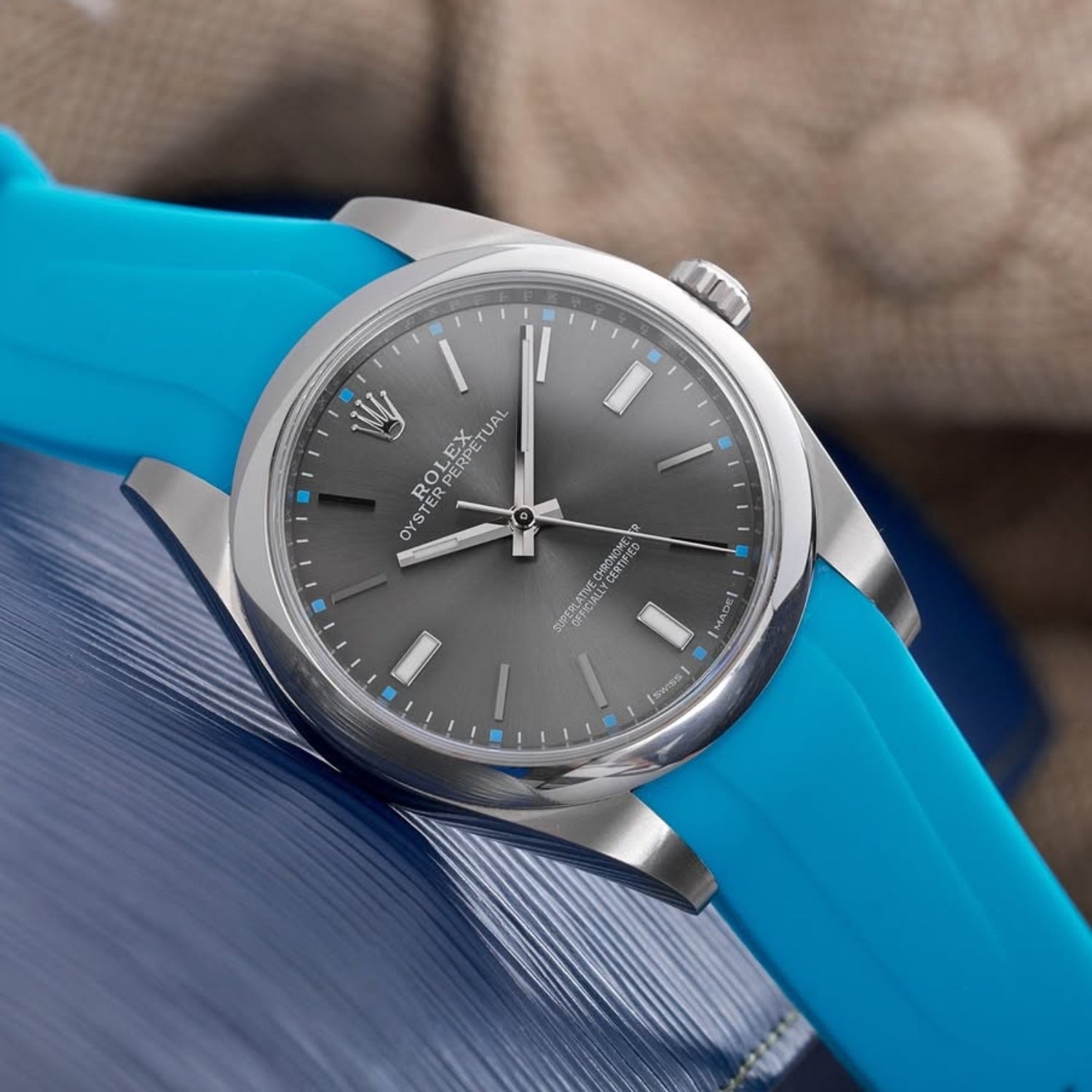Faltschliesse Kautschukarmband für Rolex Oyster Perpetual 41mm – Hell Blau - Helvetus DE