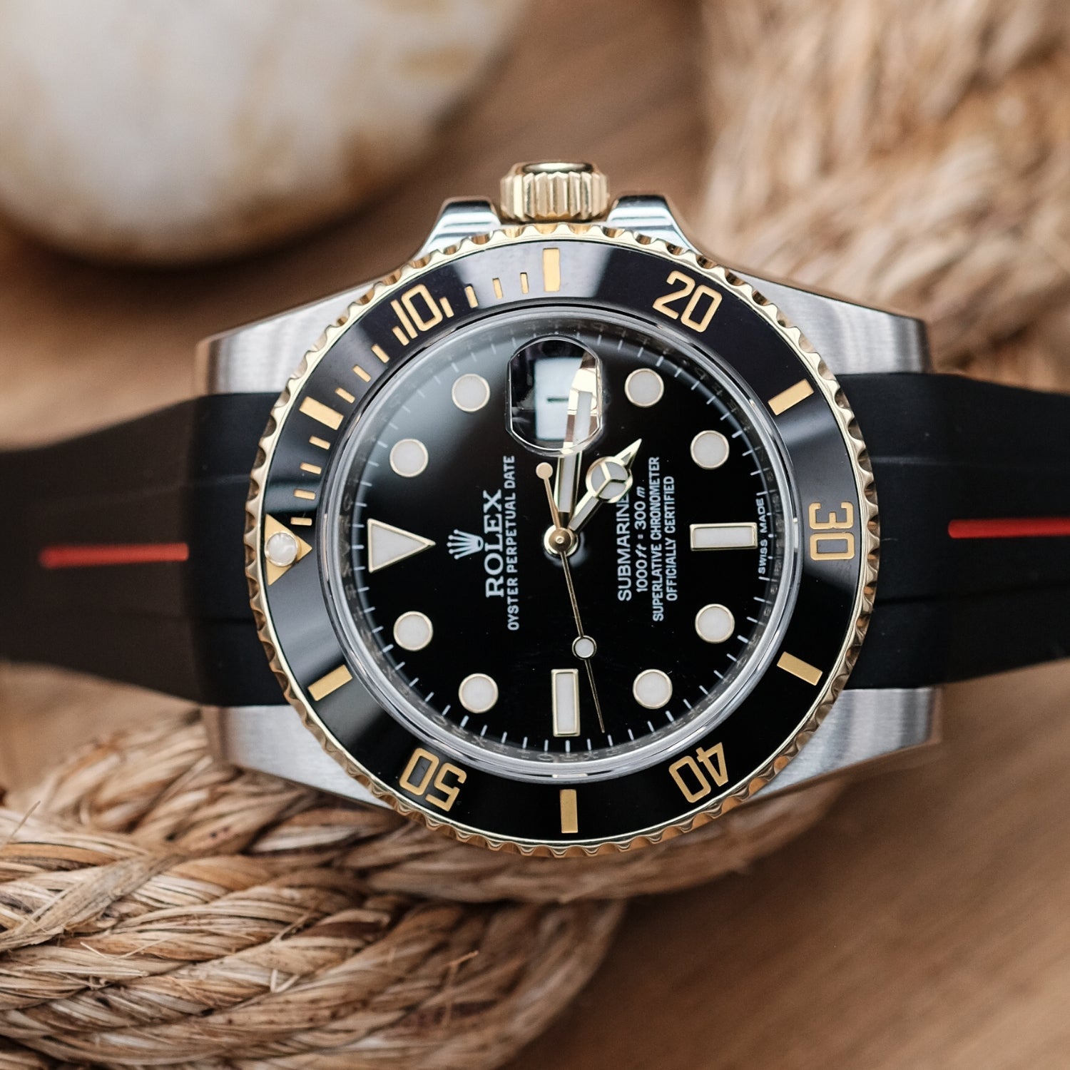 Faltschliesse Kautschukarmband für Rolex Submariner – Luxline® - Schwarz/Rot - Helvetus DE