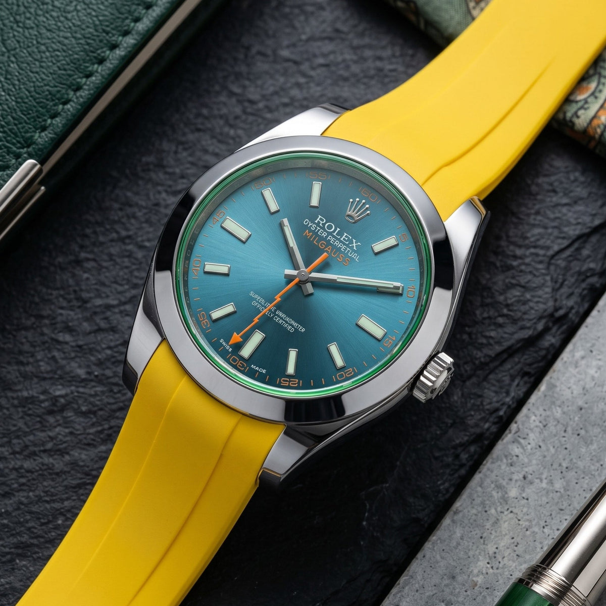 Faltschliessen Kautschukarmband für Rolex Milgauss in Gelb - Helvetus