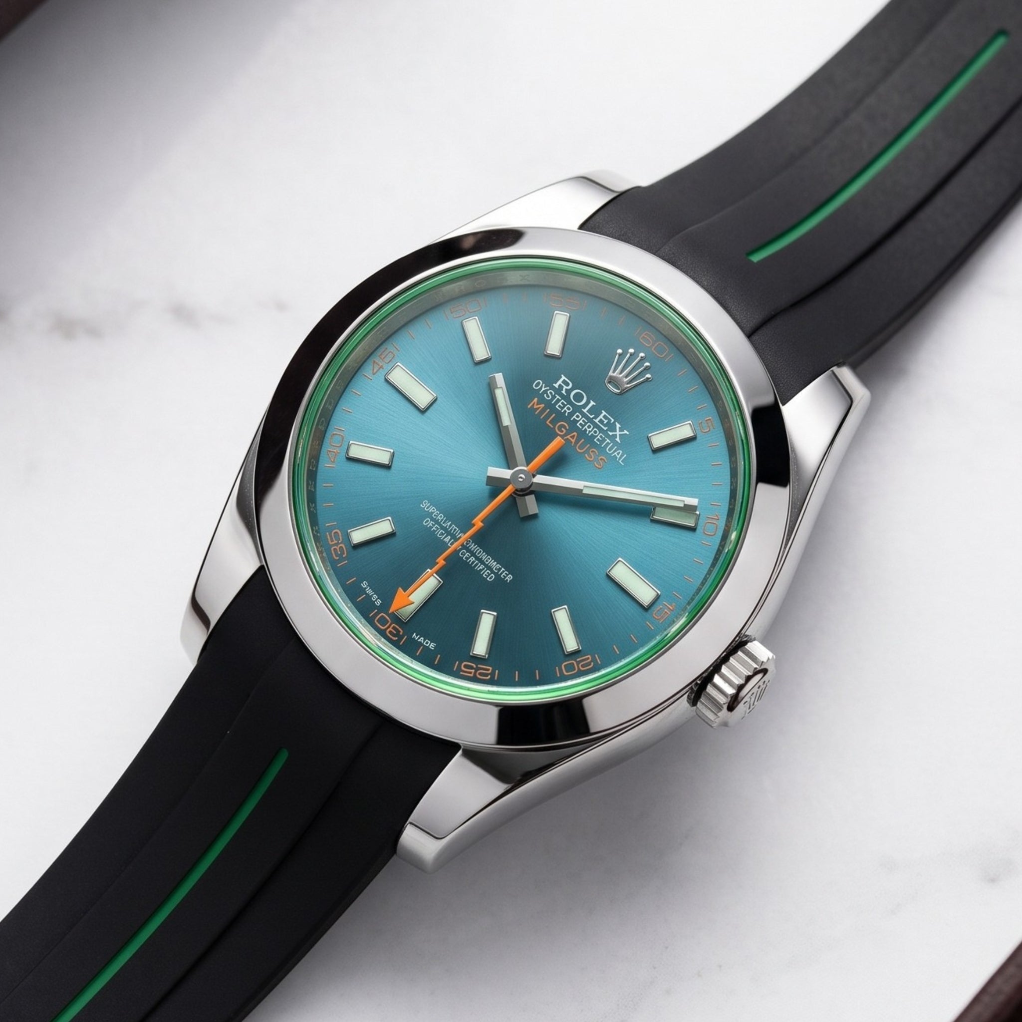 Faltschliessen Kautschukarmband für Rolex Milgauss – LuxLine® - Schwarz/Grün - Helvetus