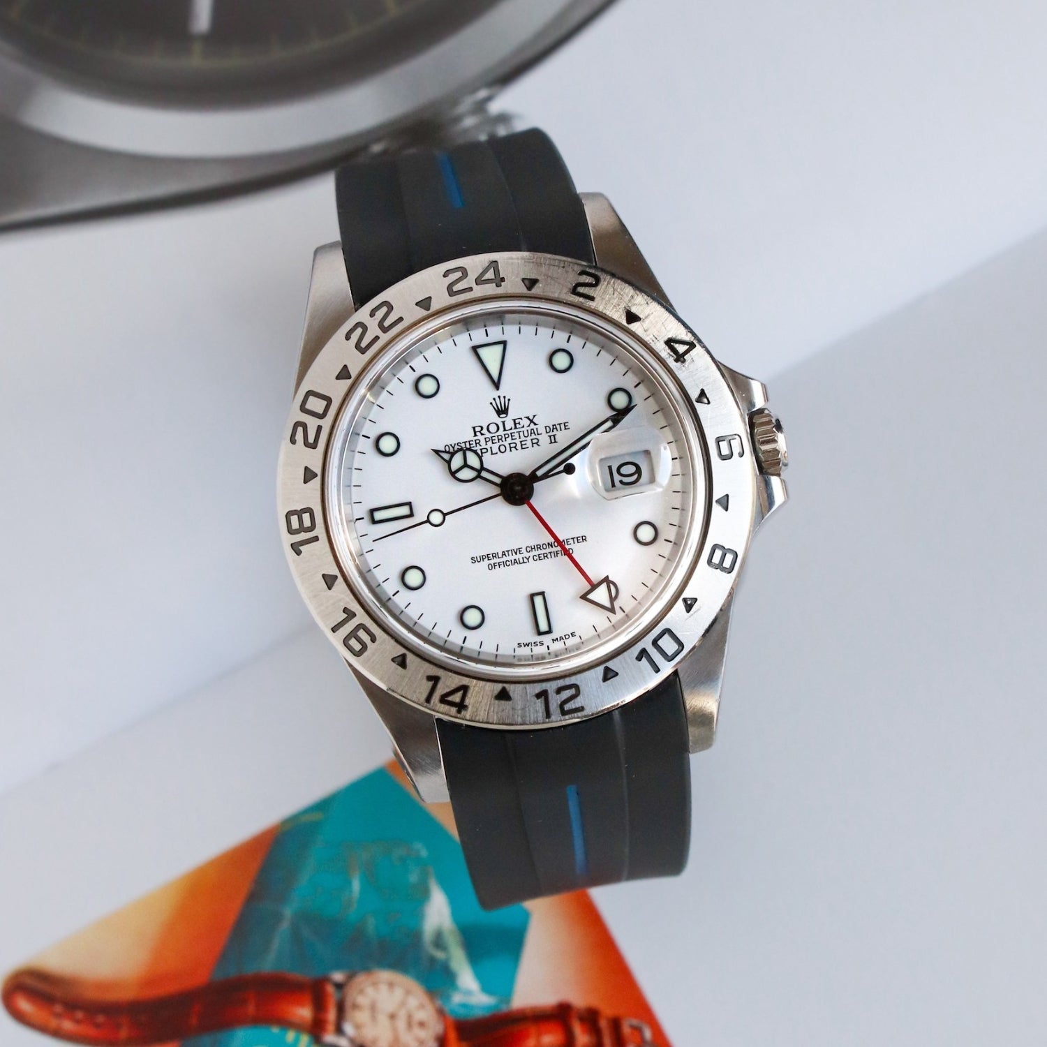 Faltschliessen Kautschukarmband für Rolex Explorer II – Schwarz/Blau Linie | LuxLine® - Helvetus DE