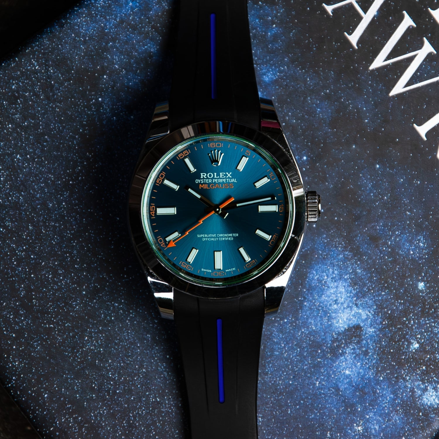 Faltschliessen Kautschukarmband für Rolex Milgauss – LuxLine® - Schwarz/Blau - Helvetus DE