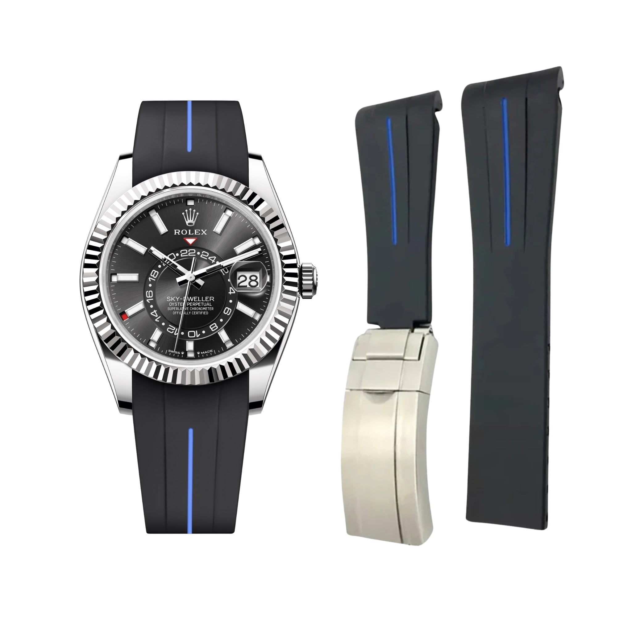 Faltschliessen Kautschukarmband für Rolex Sky - Dweller – Schwarz/Blau Linie | LuxLine® - Helvetus DE