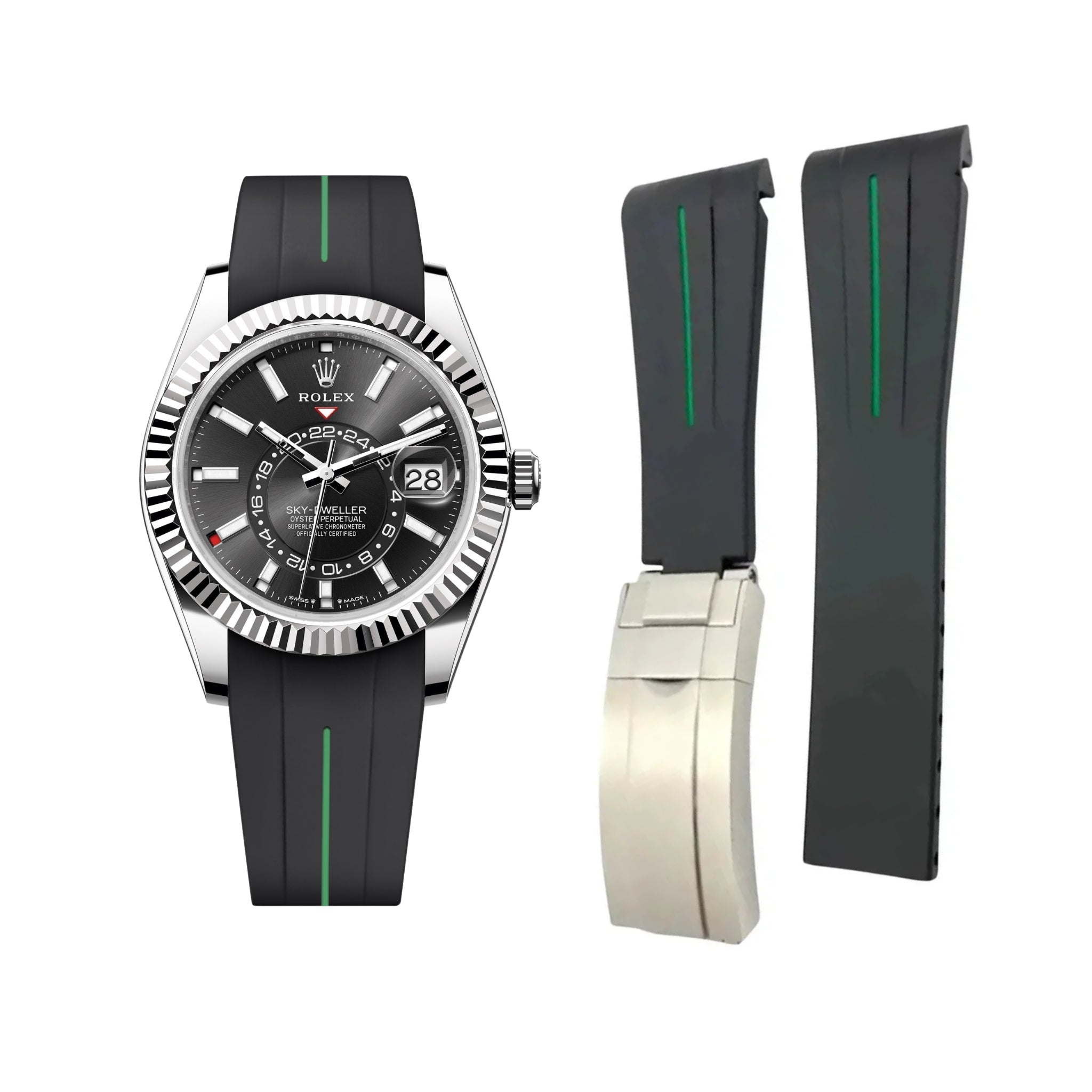Faltschliessen Kautschukarmband für Rolex Sky - Dweller – Schwarz/Grün Linie | LuxLine® - Helvetus DE