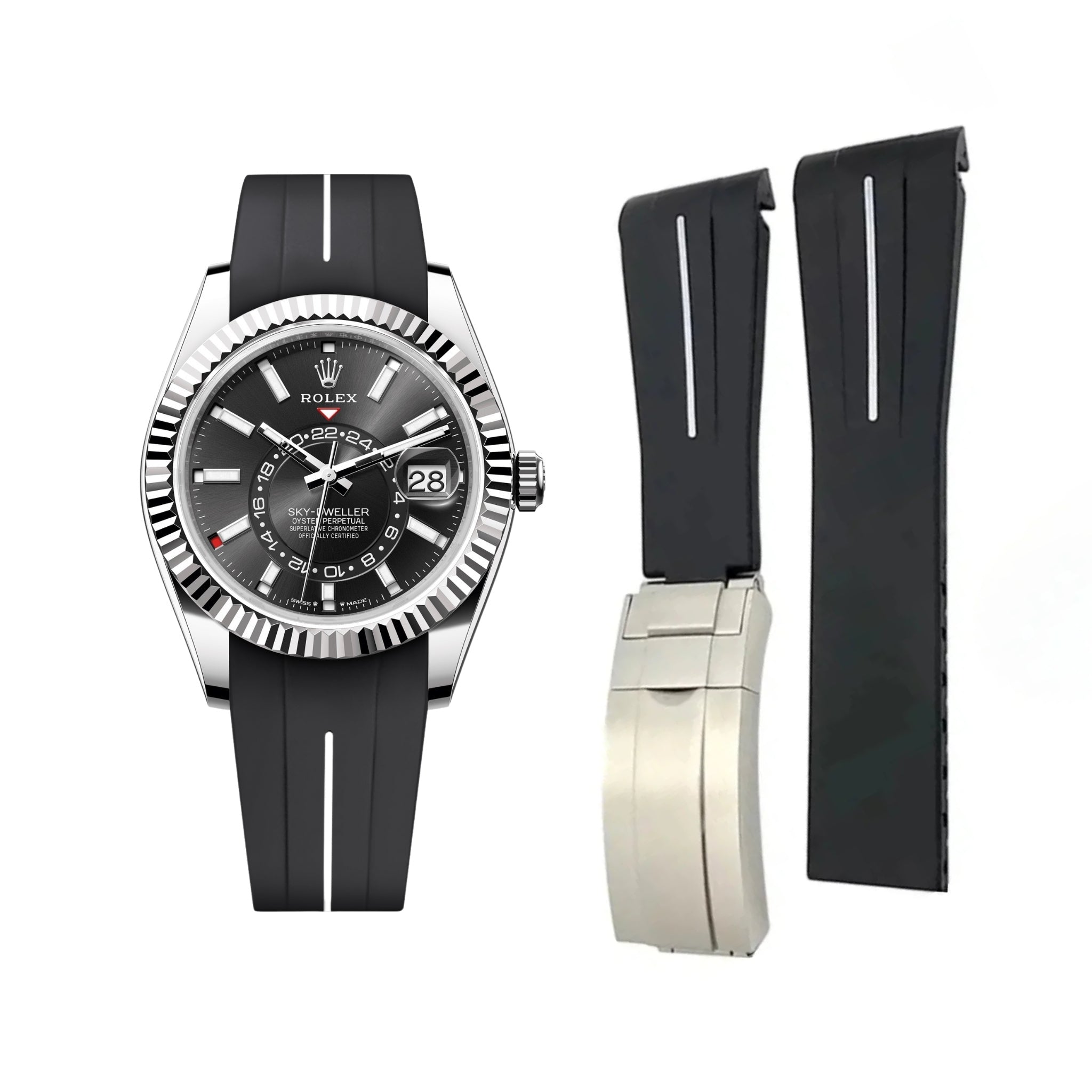 Faltschliessen Kautschukarmband für Rolex Sky - Dweller – Schwarz/Weiss Linie | LuxLine® - Helvetus DE
