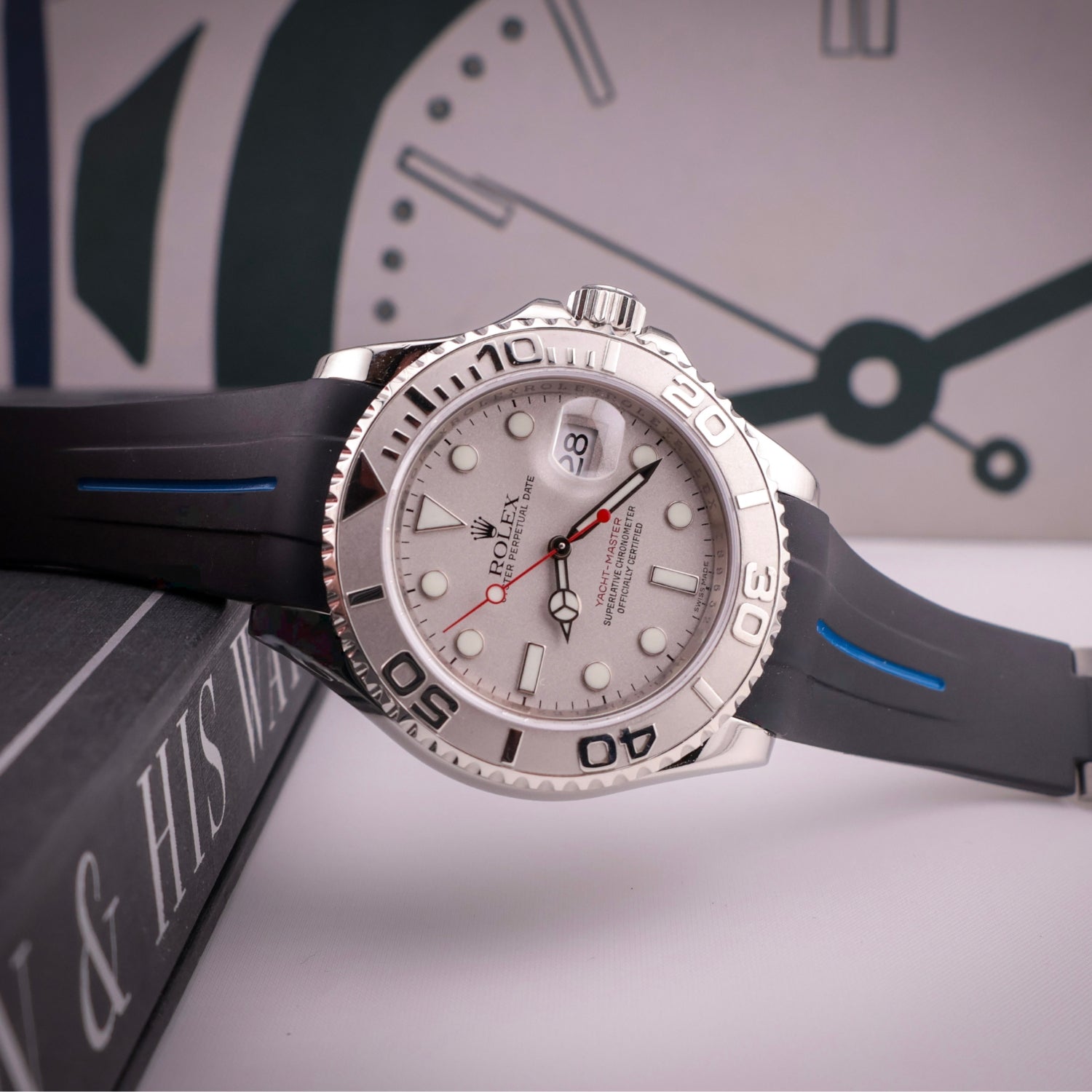 Faltschliessen Kautschukarmband für Rolex Yacht - Master 40mm/42mm – Schwarz/Blau Linie | LuxLine® - Helvetus DE