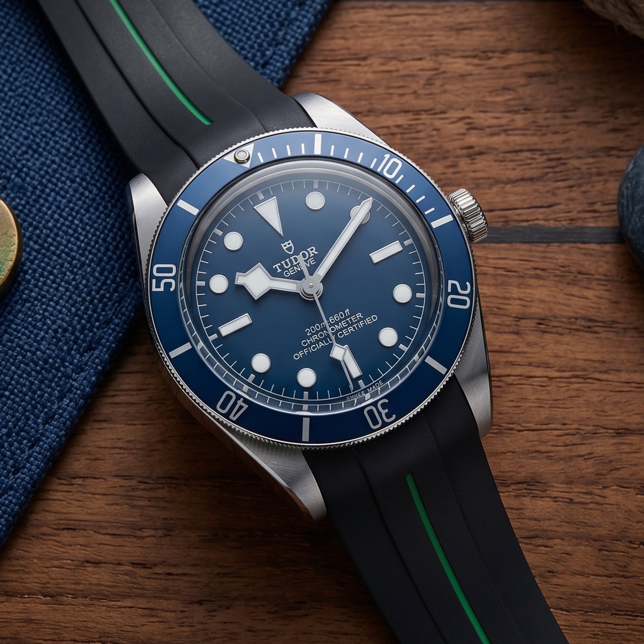 Kautschukarmband - Für alle Tudor Black Bay Modelle - Schwarz mit Grün | LuxLine® - Helvetus