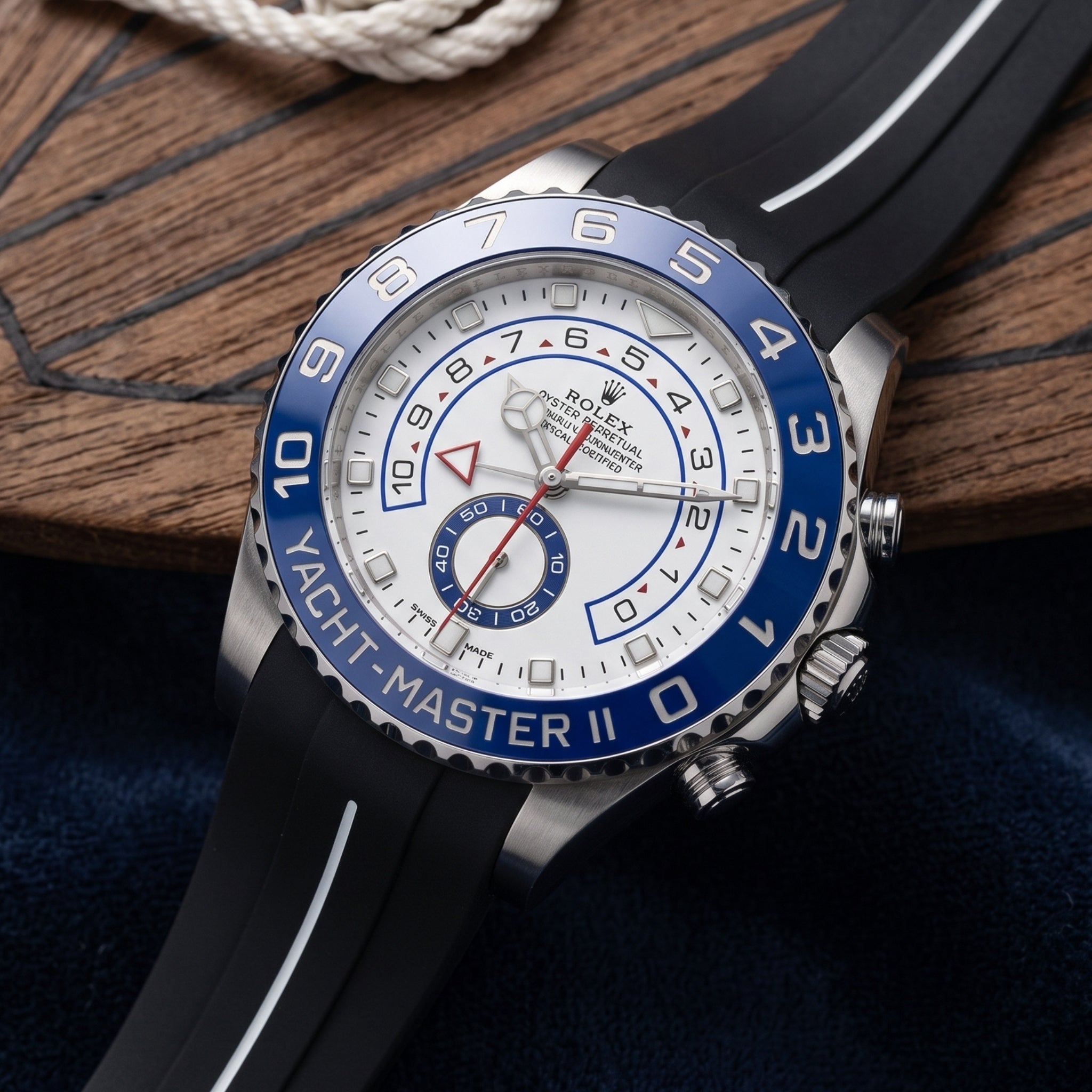 Kautschukarmband für Rolex Yacht-Master II 44mm - Schwarz/Weiss Linie | LuxLine® - Helvetus