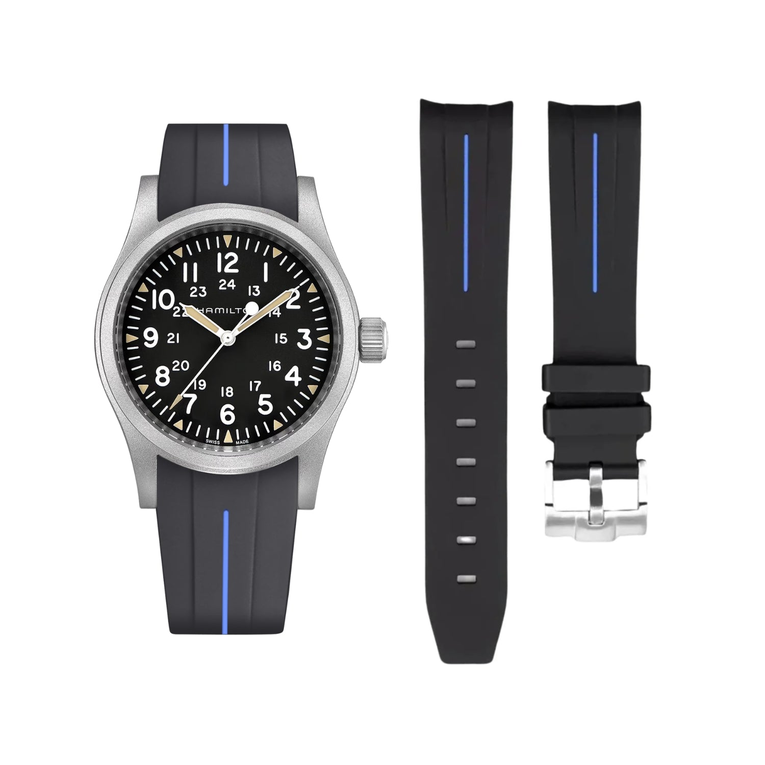 Kautschukarmband für Hamilton Khaki Field - Schwarz/Blau LuxLine® - Helvetus DE