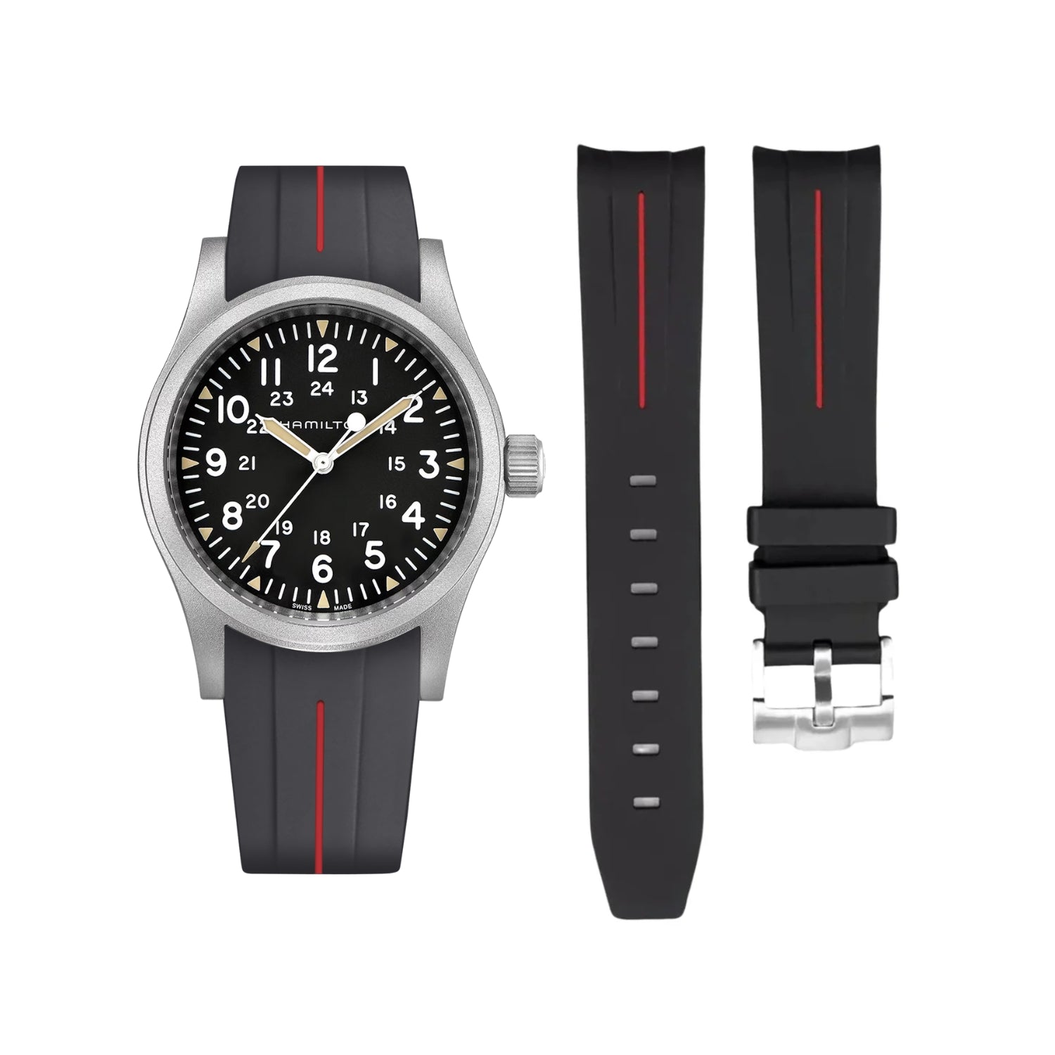 Kautschukarmband für Hamilton Khaki Field - Schwarz/Rot LuxLine® - Helvetus DE