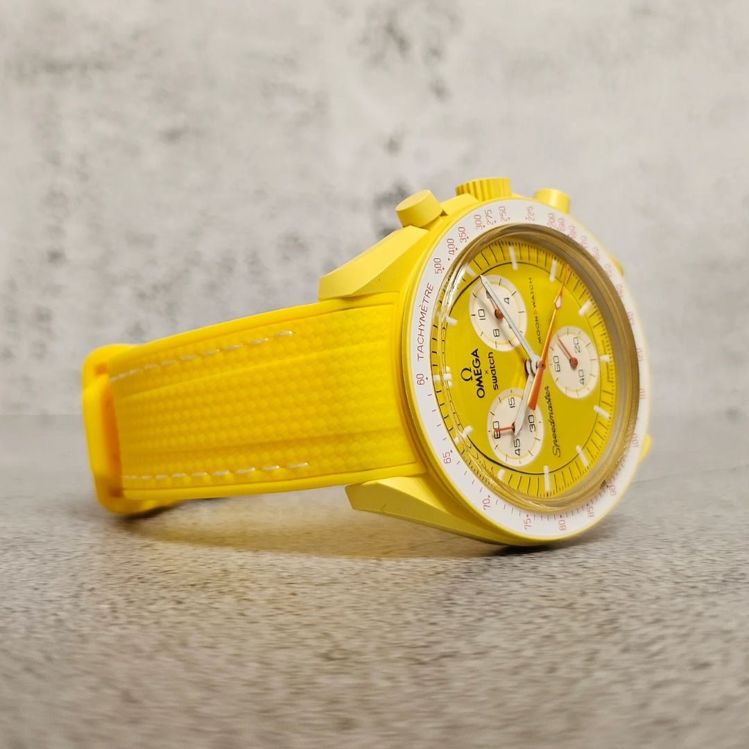 Kautschukarmband – Für Mission to the Sun | Omega X Swatch | MoonSwatch – Gelb mit Weiß - Helvetus DE