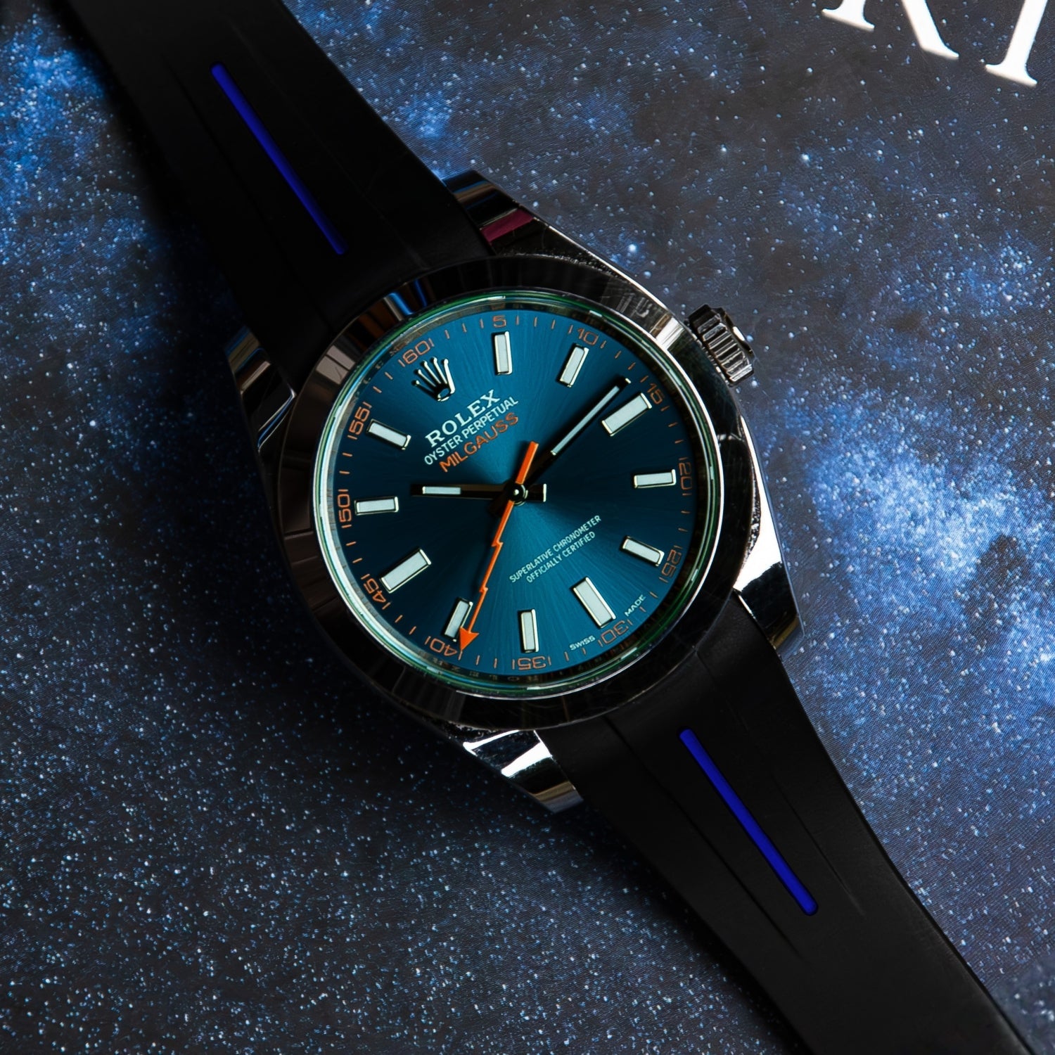Kautschukarmband für Rolex Milgauss – LuxLine® - Schwarz/Blau - Helvetus DE
