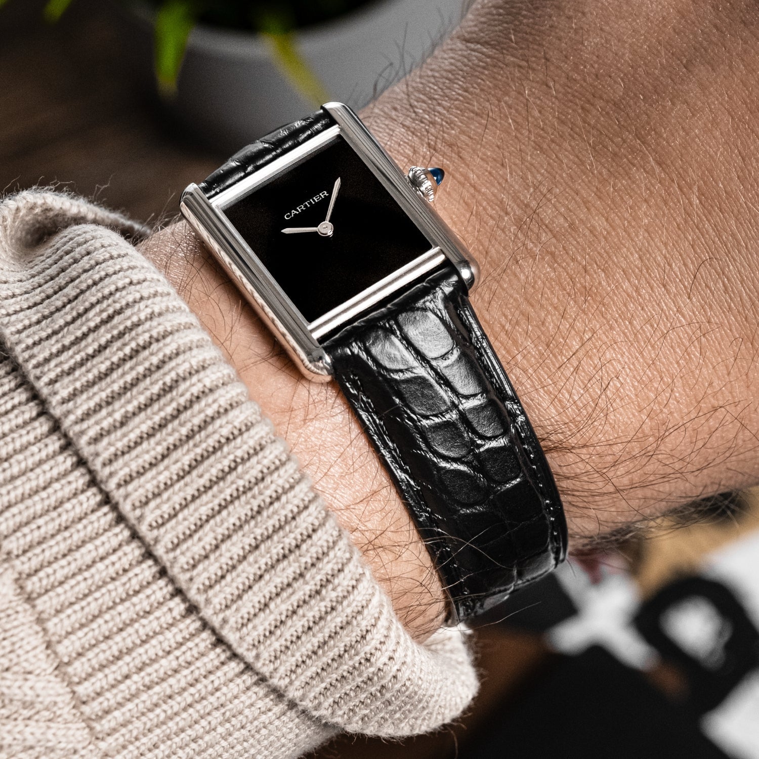 Krokodil Lederarmband für Cartier Tank / Tank Solo / Tank Must – Schwarz - Helvetus DE