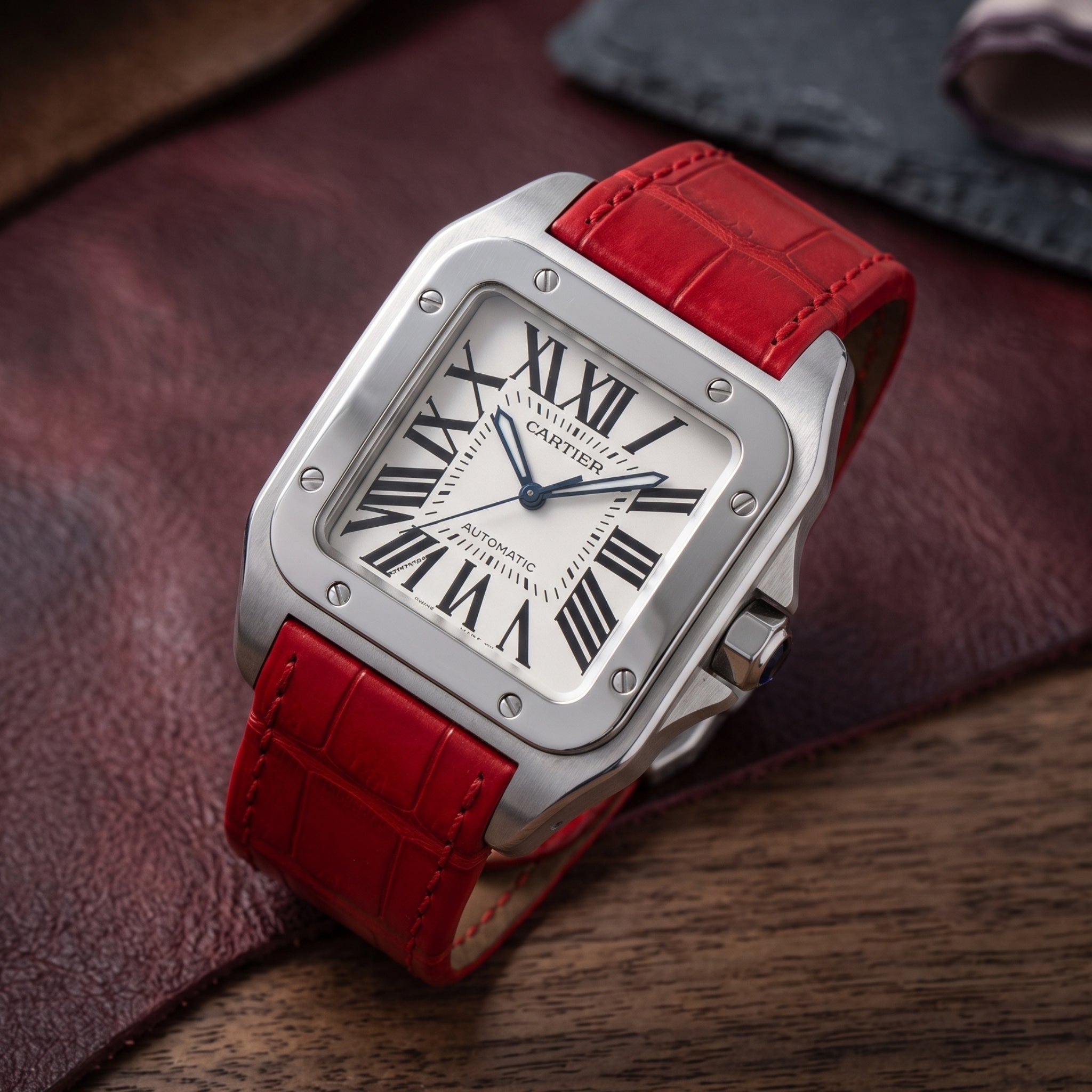 Leder Armband - für Cartier Santos 100 - Rot - Helvetus