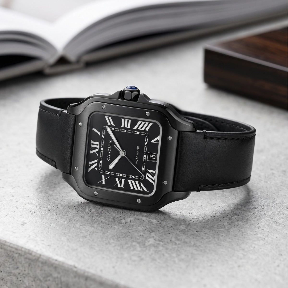 Leder Armband für Cartier Santos Medium/Large – Flach Schwarz – Quick Switch/Release - Helvetus