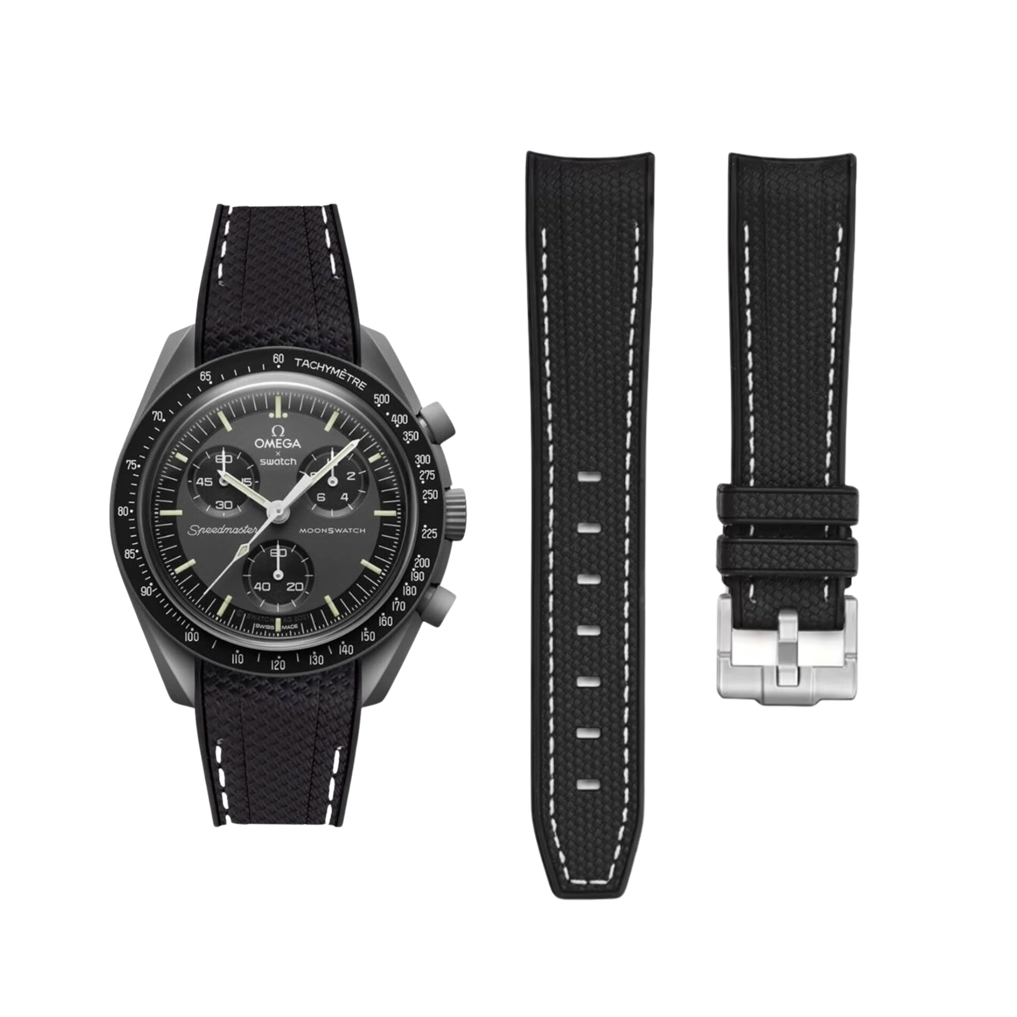 Rubber Strap - For Mission to Mercury | Omega X Swatch | MoonSwatch - Black w/White Line - Helvetus