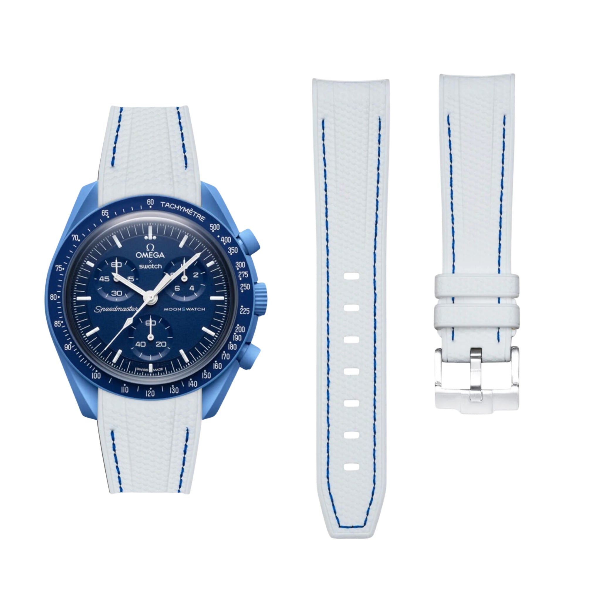 Rubber Strap - For Mission to Neptune | Omega X Swatch | MoonSwatch - White w/Blue - Helvetus